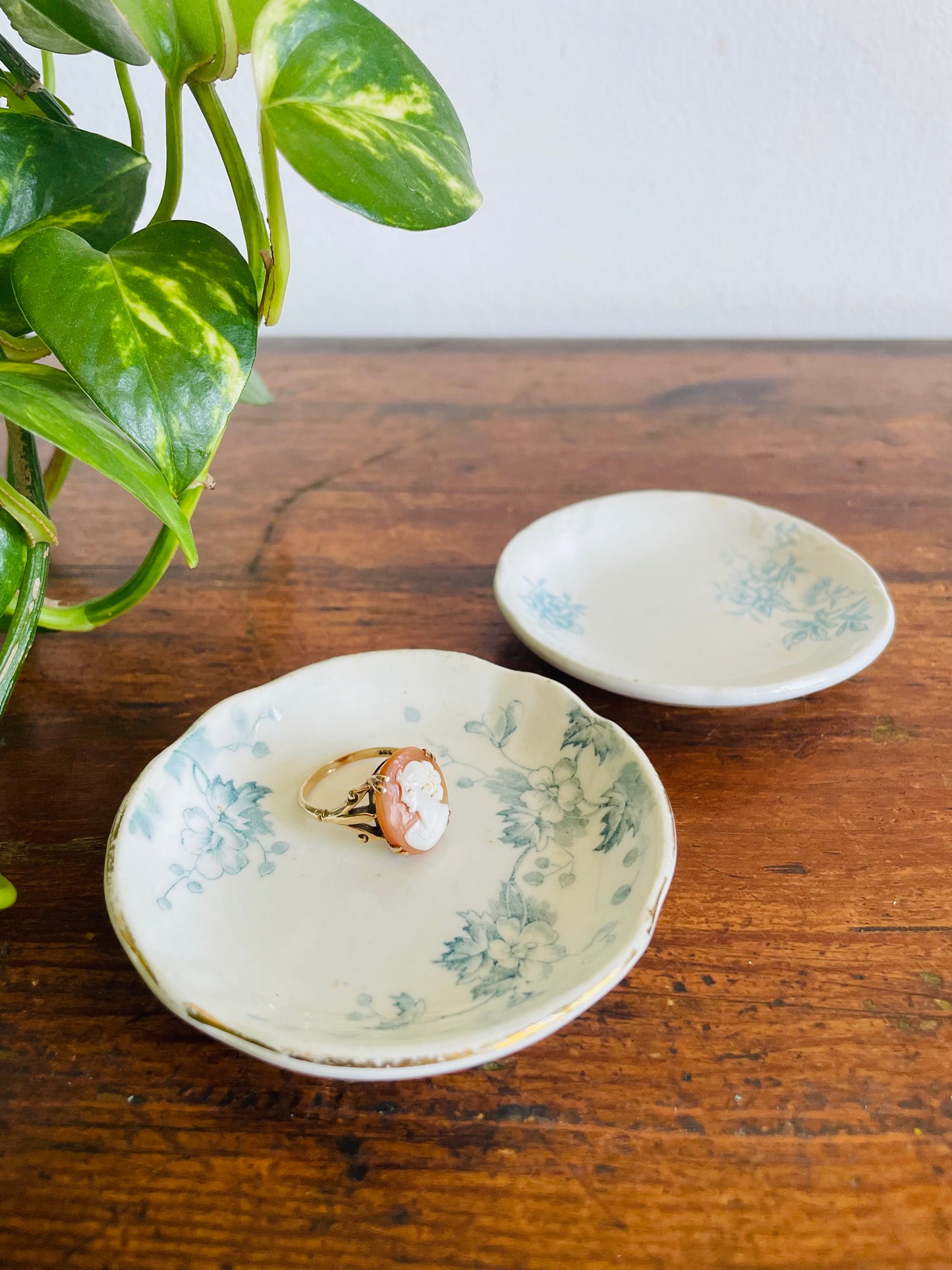 Vintage Miniature White Butter Pat Dishes with Blue Floral Design - Made in England - Set of 2