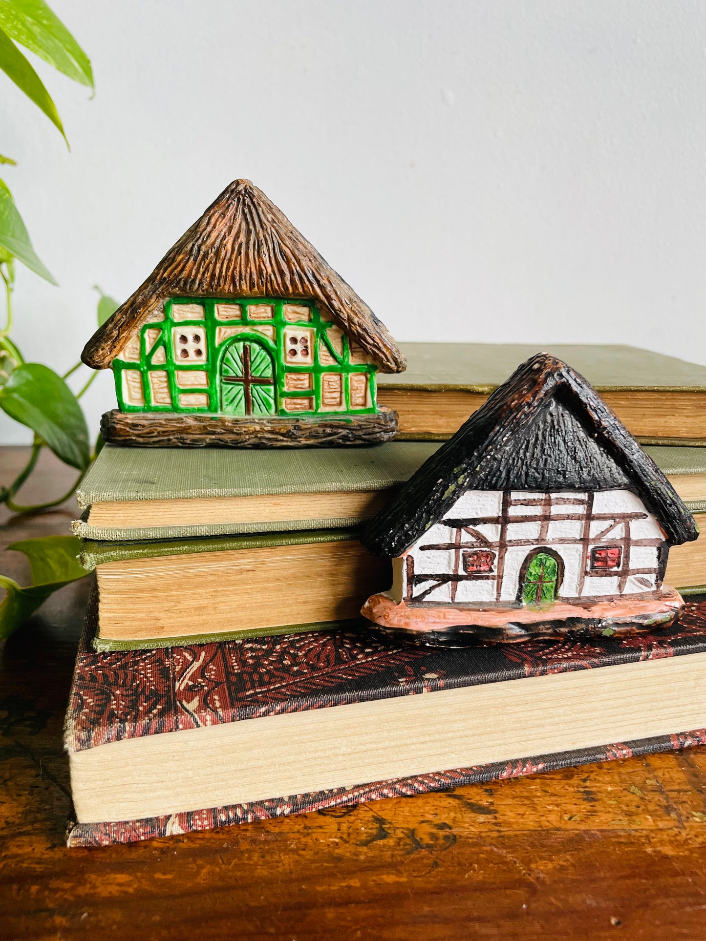 Vintage Adorable Mini Hand-Painted Plaster Thatched Roof Cottage Houses - Can Hang or Lean - Set of 2