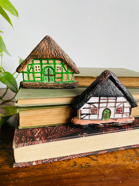 Vintage Adorable Mini Hand-Painted Plaster Thatched Roof Cottage Houses - Can Hang or Lean - Set of 2
