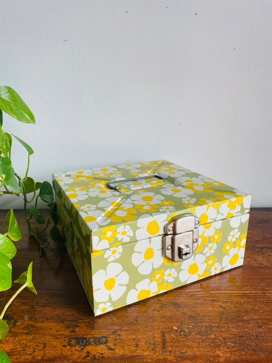 Vintage Flower Power Metal Filing Storage Box with Handle & Latch to Close - Has a Movable Tray Divider Inside
