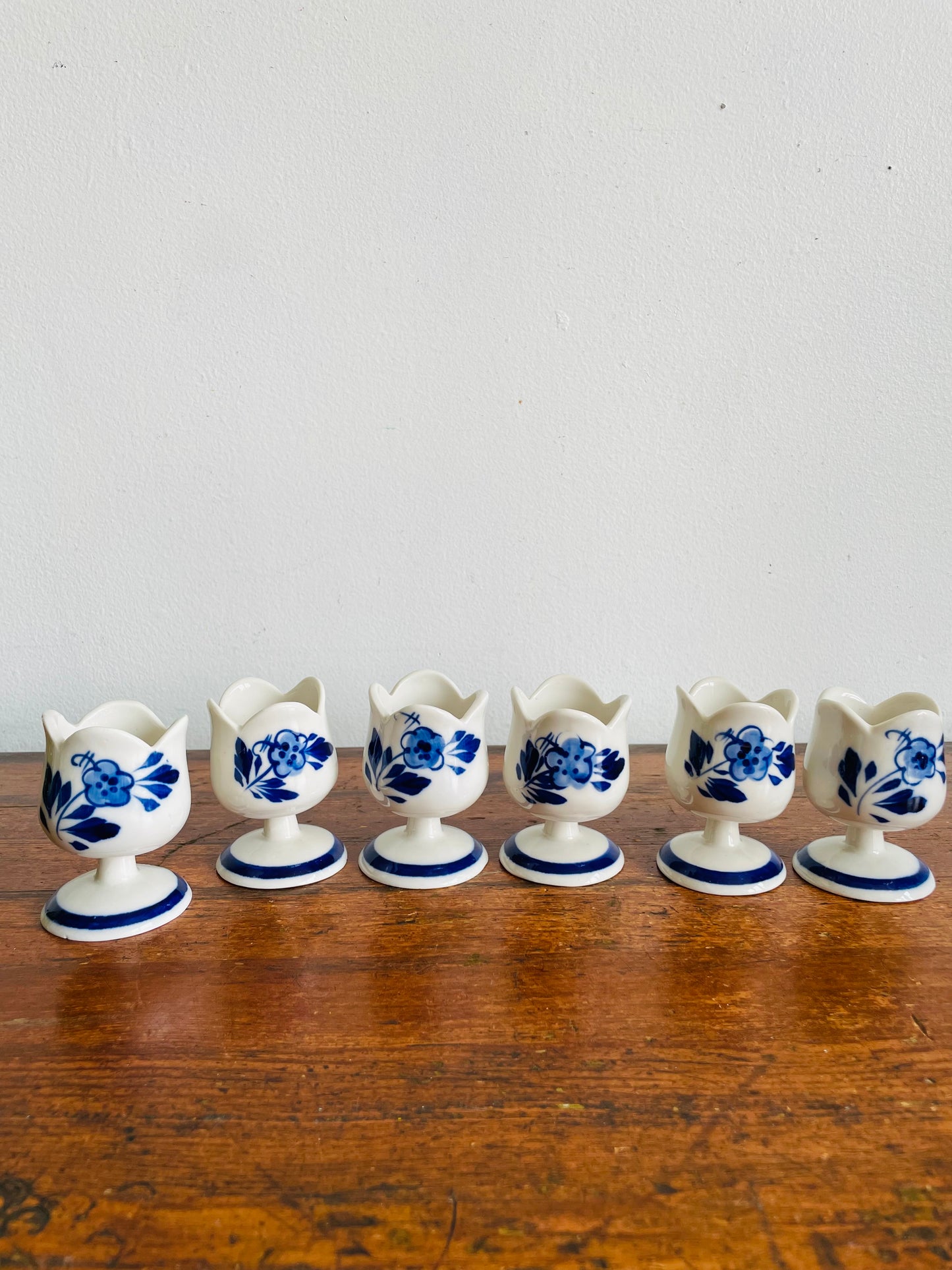 Vintage Hand Painted Delft Blue Tulip Shaped Egg Cup Holders with Flower & Windmill Design - Set of 6
