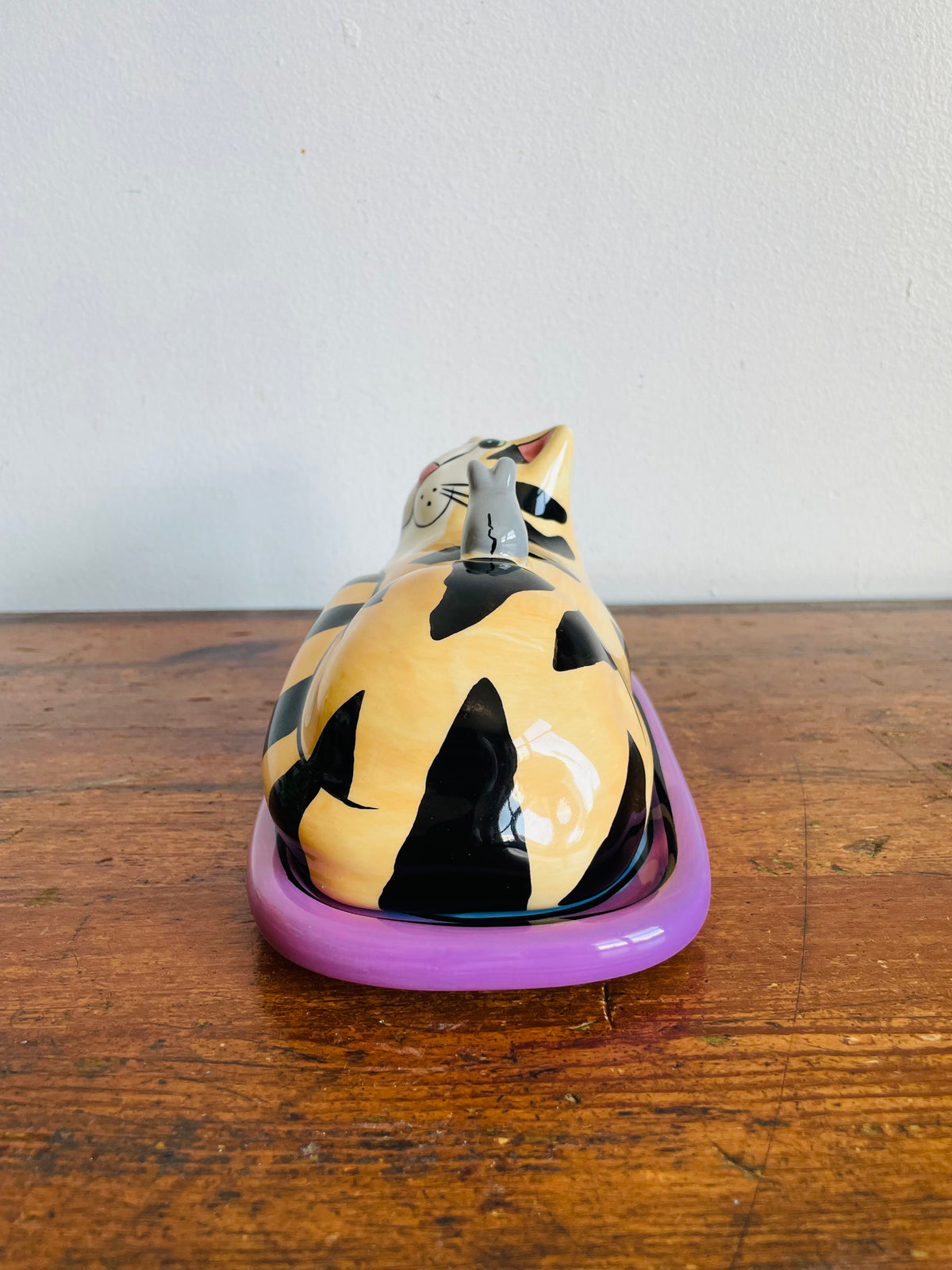 Vintage 2002 Bright & Fun Catzilla Striped Orange Cat & Mouse Butter Dish - Candace Reiter Designs - Whimsical Home Decor