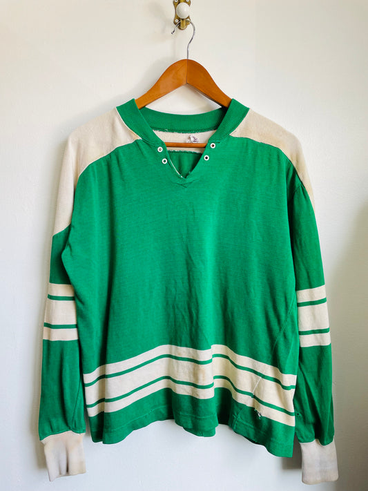 1980s KL Jaydee Sportwear Long Sleeved Green & White Sports Jersey Shirt