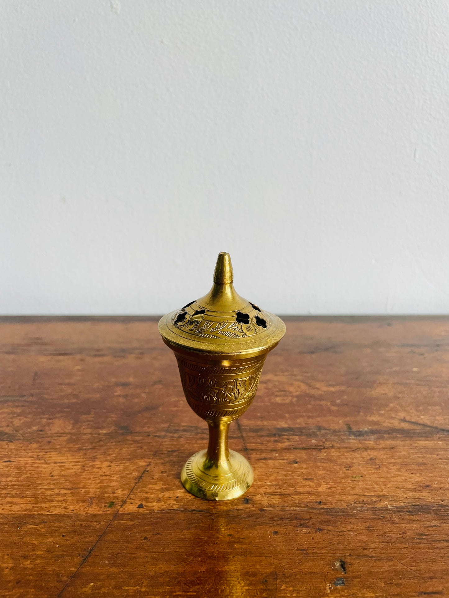 Solid Brass Goblet Shaped Incense Burner with Stem and Lid