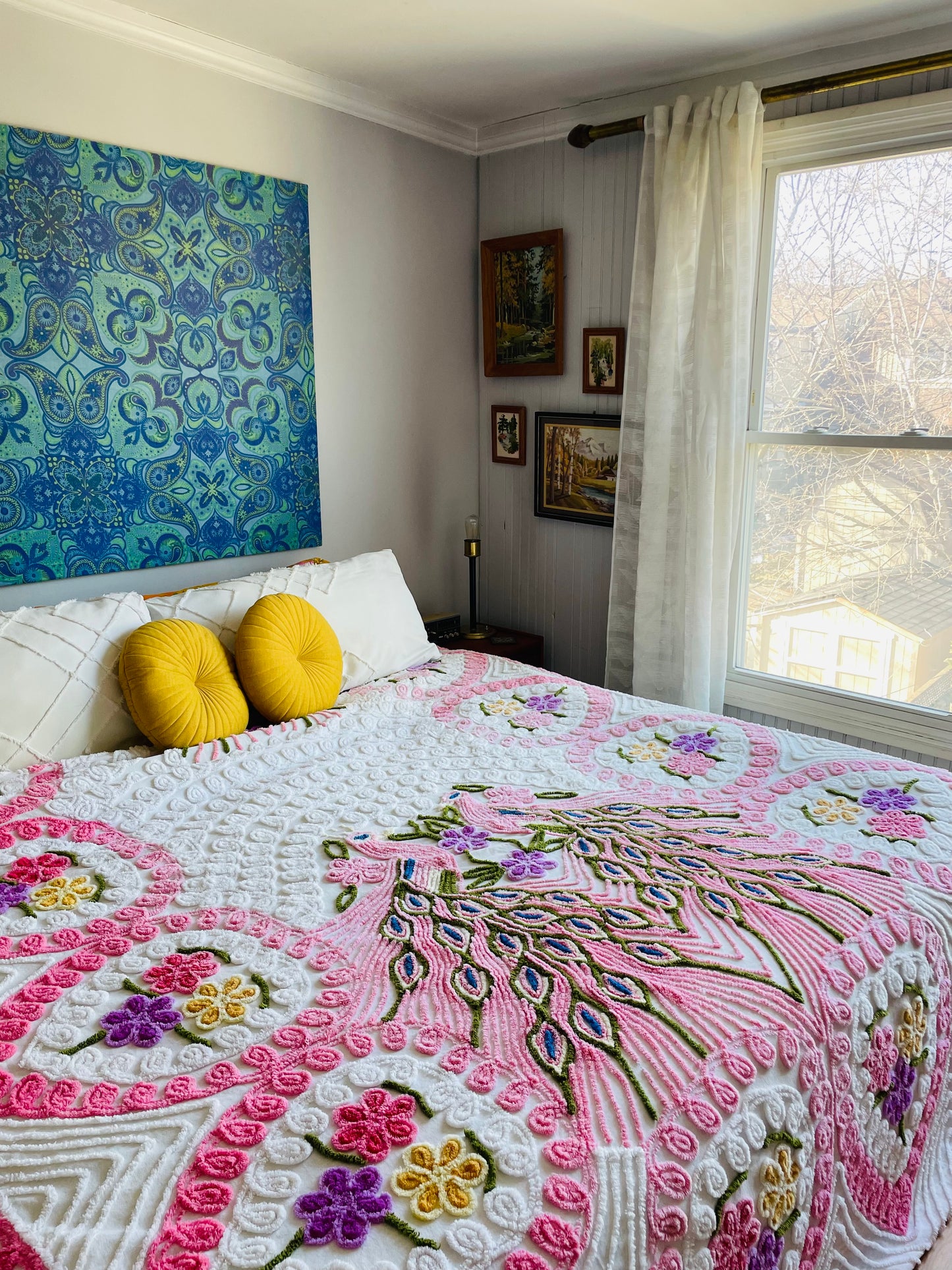 Stunning Chenille Bedspread Blanket with Bright & Colourful Double Peacock & Flower Design