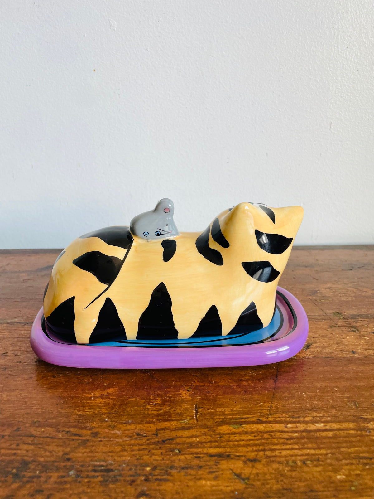 Vintage 2002 Bright & Fun Catzilla Striped Orange Cat & Mouse Butter Dish - Candace Reiter Designs - Whimsical Home Decor