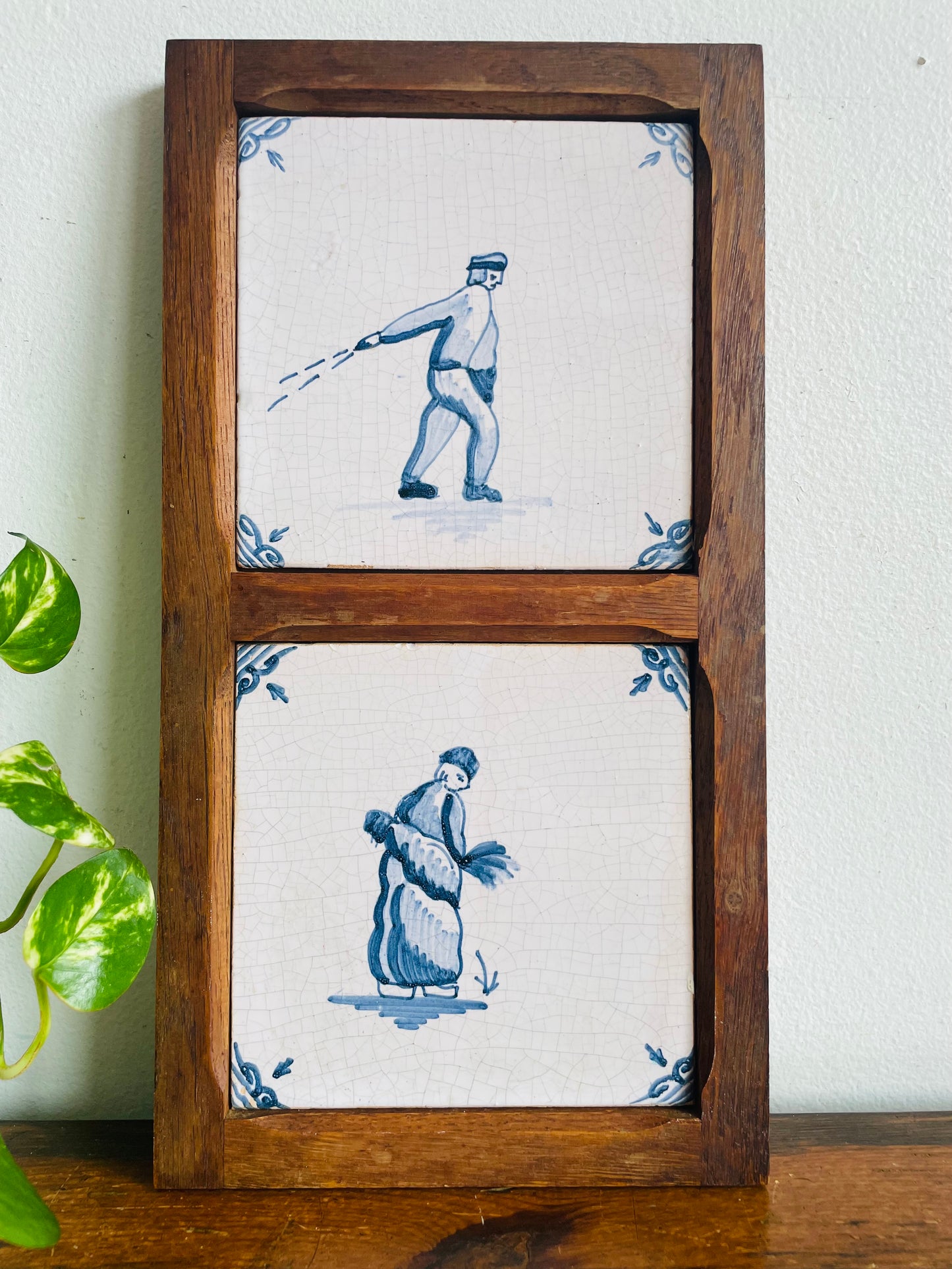 Vintage Framed in Wood Dutch Tiles with Blue & White Farming / Farmer Scenes