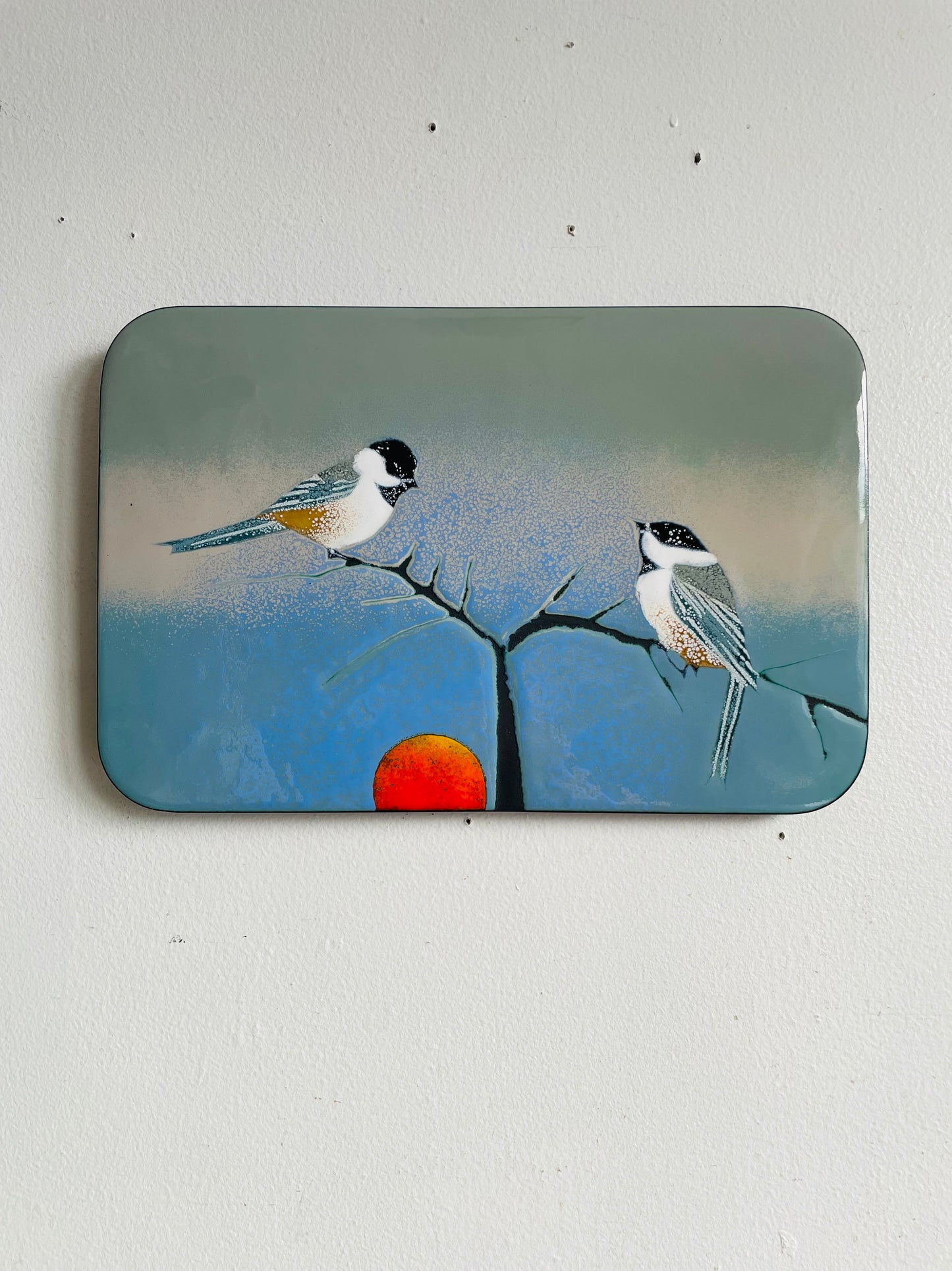 Vintage Hand Enamel on Copper Wall Plaque Picture - Signed by Canadian Artist B. E. Eren - Black-Capped Chickadee Birds on Branch with Sun - Made in Canada