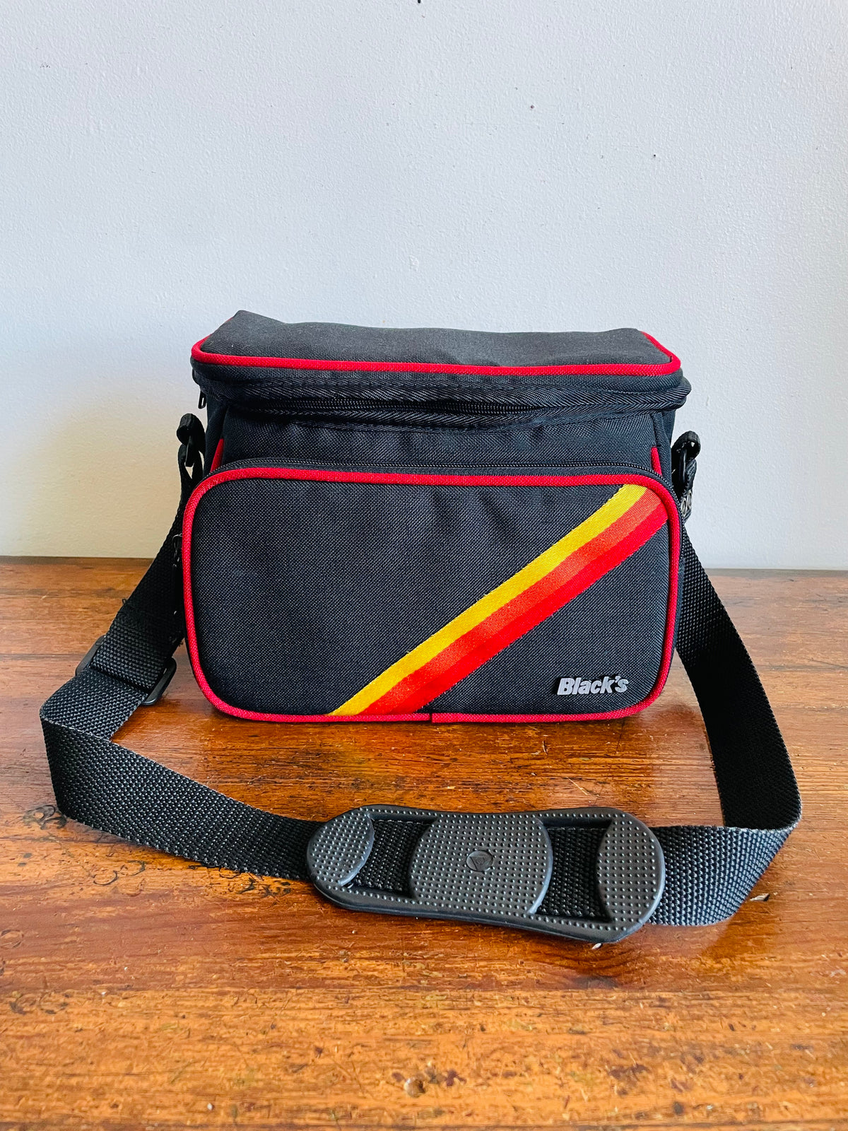 Vintage Black's Photography Camera Shoulder Bag Case with Yellow, Orange & Red Rainbow Stripe Design & Multiple Pockets - Made in Taiwan