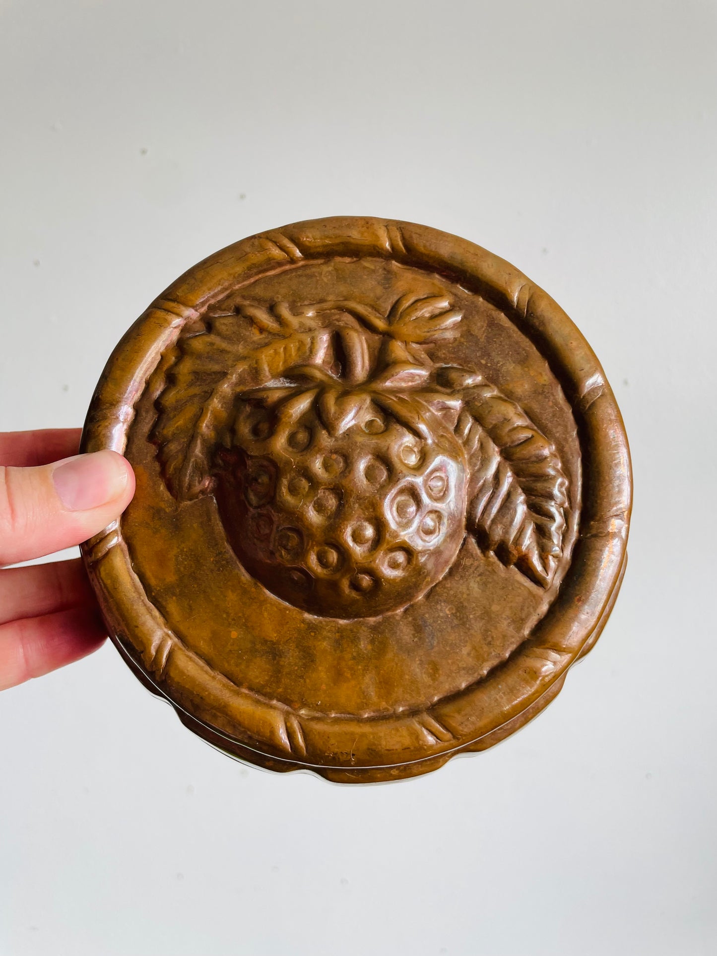 Vintage Solid Copper Round 6" Jelly Mold Wall Hanging with Botanical Raspberry Fruit Design