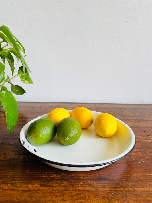 White Enamelware Pie Dish Plate with Black Rim