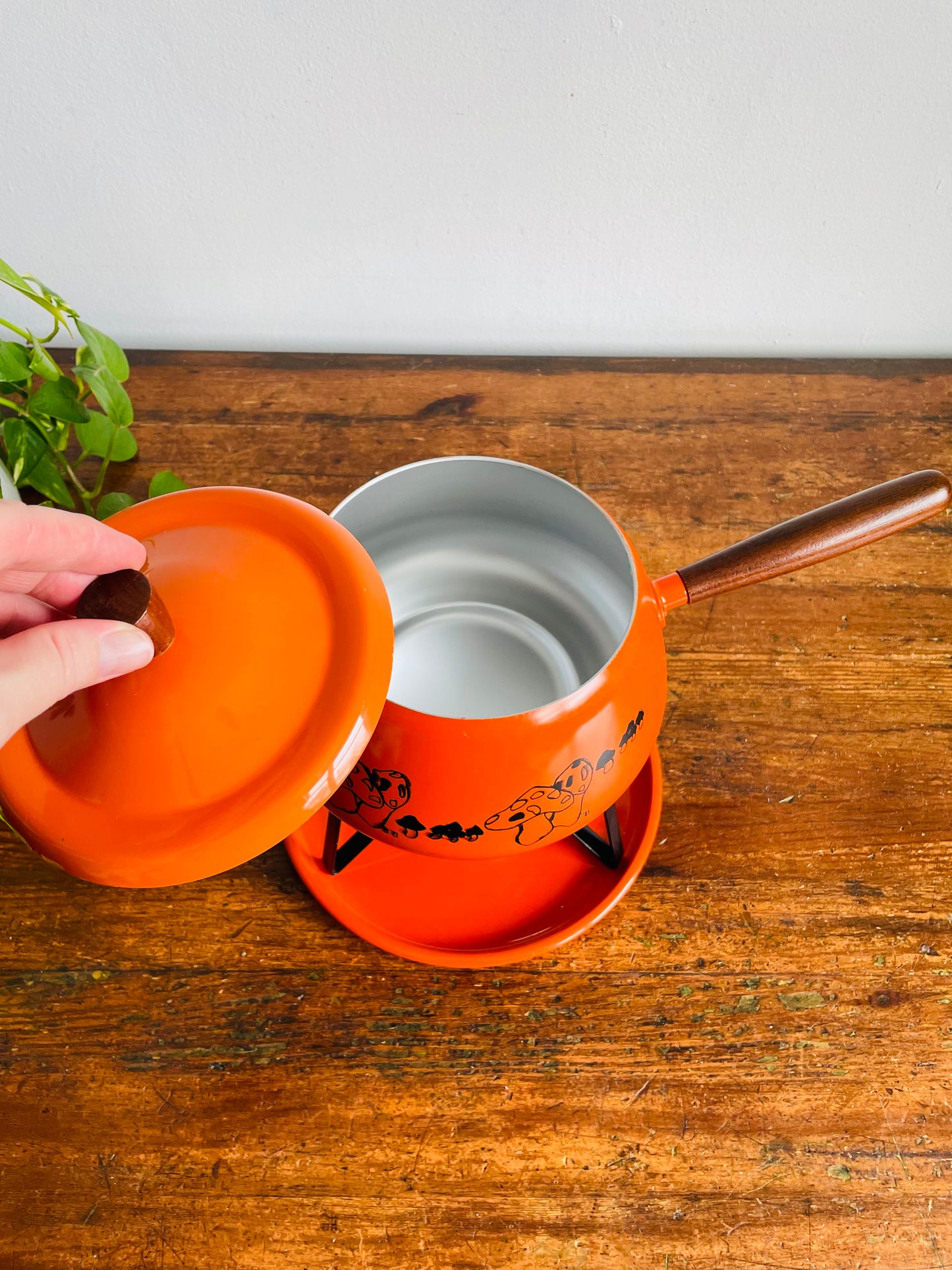 Vintage 1970s Groovy Bright Orange Fondue Pot Set with Mushroom Graphics - Made in Japan