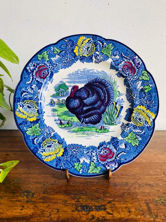 Vintage Wood's Burslem England Cobalt Blue Transferware 10.75" Turkey Plate