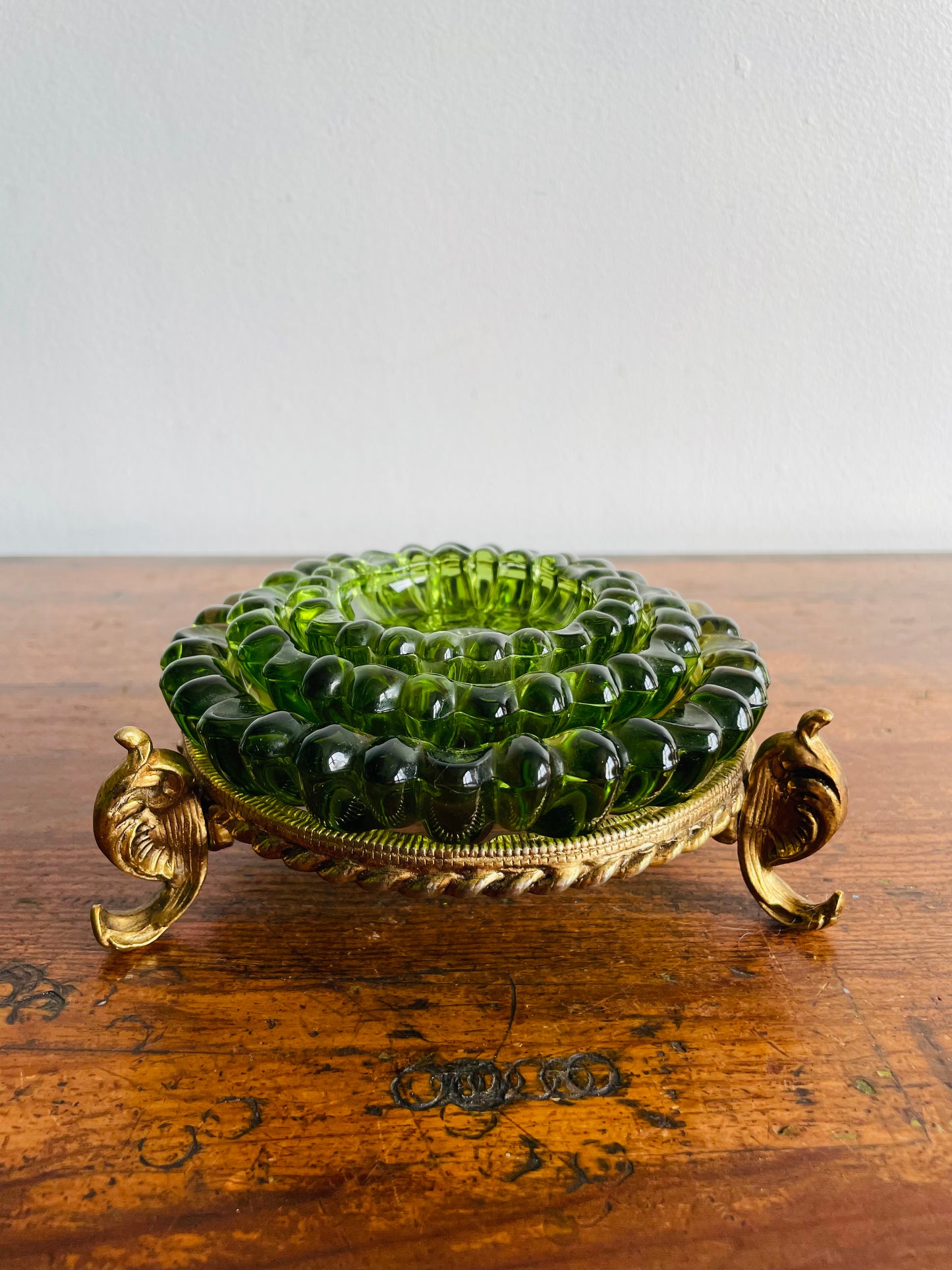 Hazel Atlas Green Glass Nesting Flower Ashtrays or Trinket Dishes in Solid Brass Holder - Set of 4 Pieces