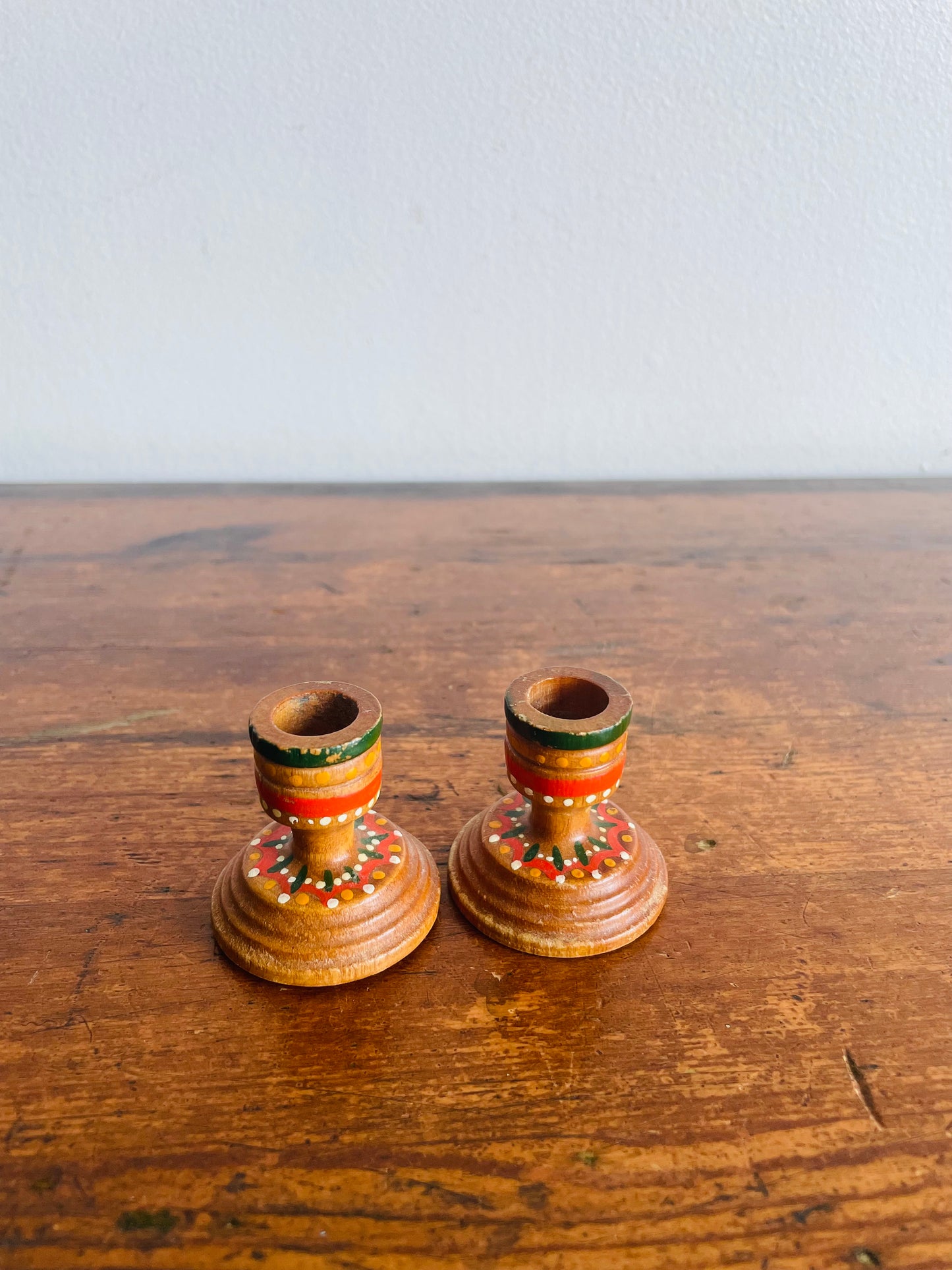 Miniature Hand Painted Wood Candlestick Holders with Folk Art Design - Set of 2