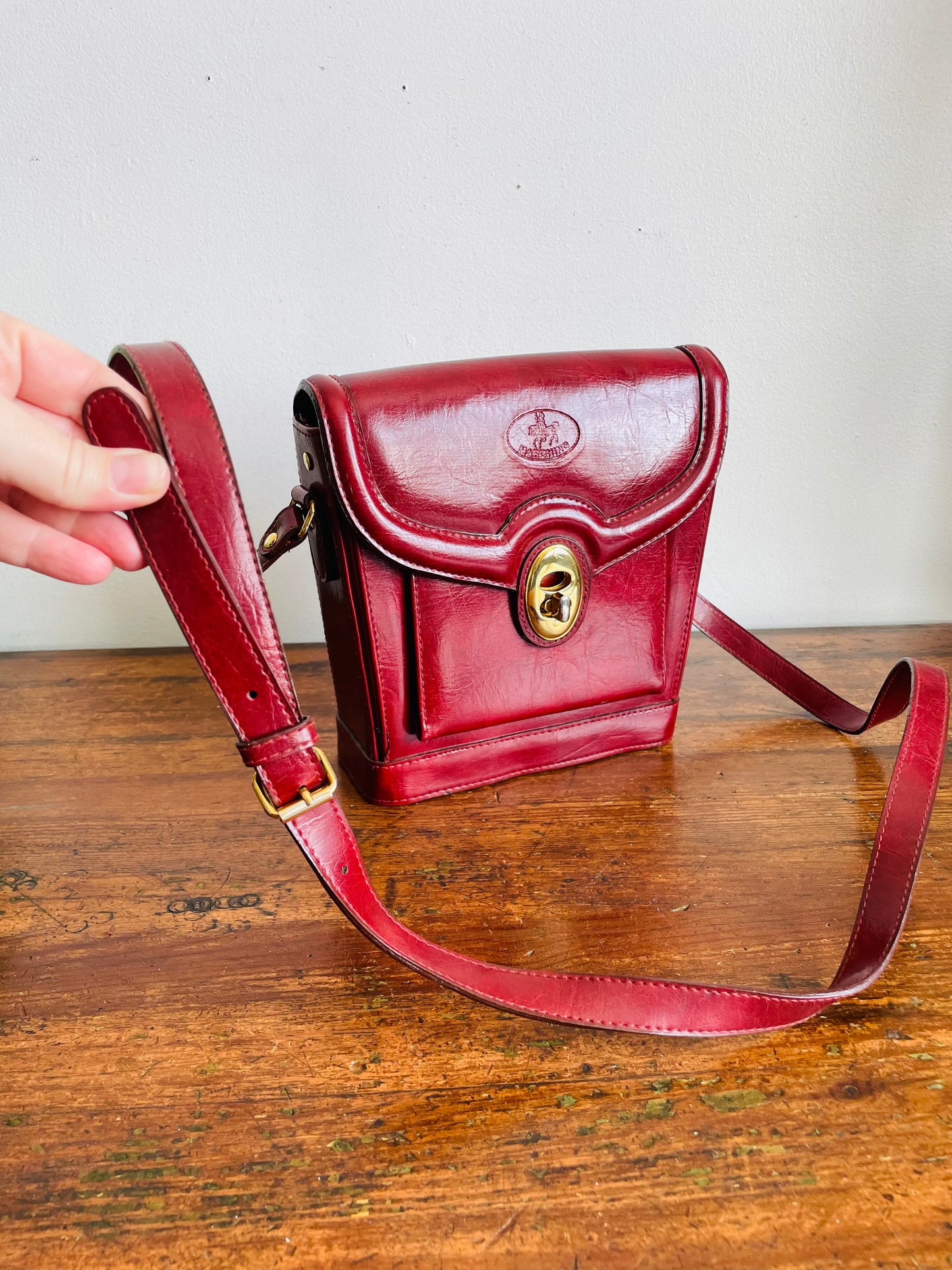 Vintage Marchino Burgundy Colour Crossbody Strap Purse with Brass Gold Hardware