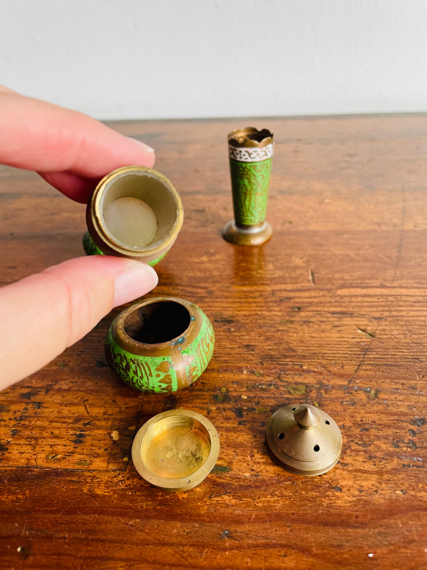 Brass & Enamel Table Set - Salt Shaker, Pepper Shaker, Toothpick Holder & Tray - Set of 4 Pieces