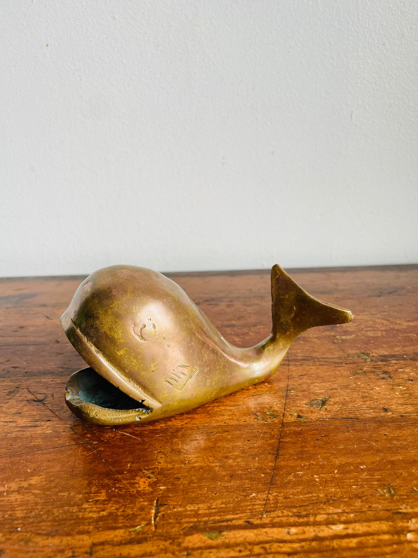 Vintage Solid Brass Open-Mouth Whale Figurine - Ashtray, Trinket Dish, Cone Incense Burner, Etc.
