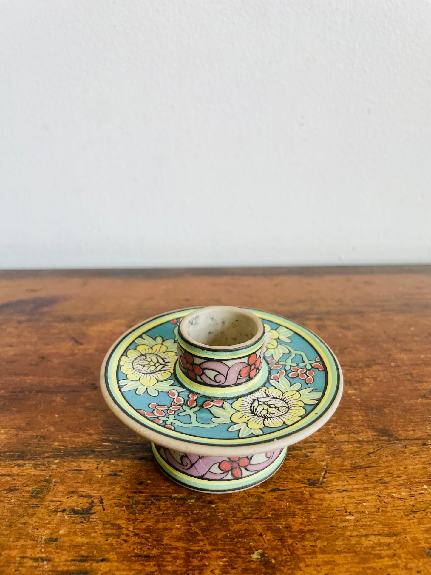 Vintage Baan Celadon Chiang Mai Pottery Candle Holder with Beautiful Flower Design - Made in Thailand