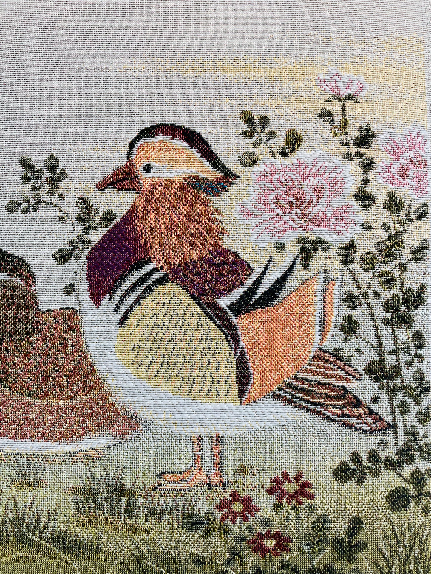 Vintage Framed Stuffed Tapestry Fabric Picture of Mandarin Duck Birds