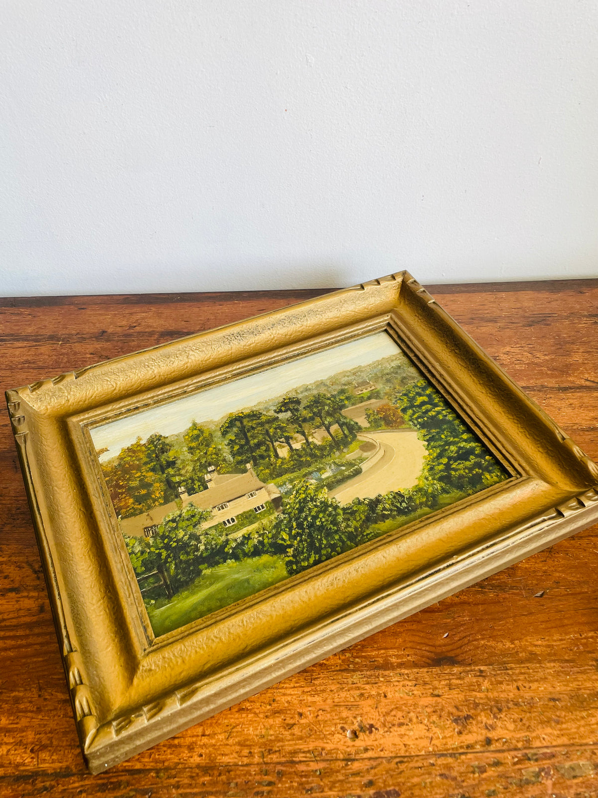 Vintage Original Art Painting in Gold Frame - English Country Scene with House & Trees on Winding Road - Artist Signed M. Sharples - Image Recreated from a Postcard