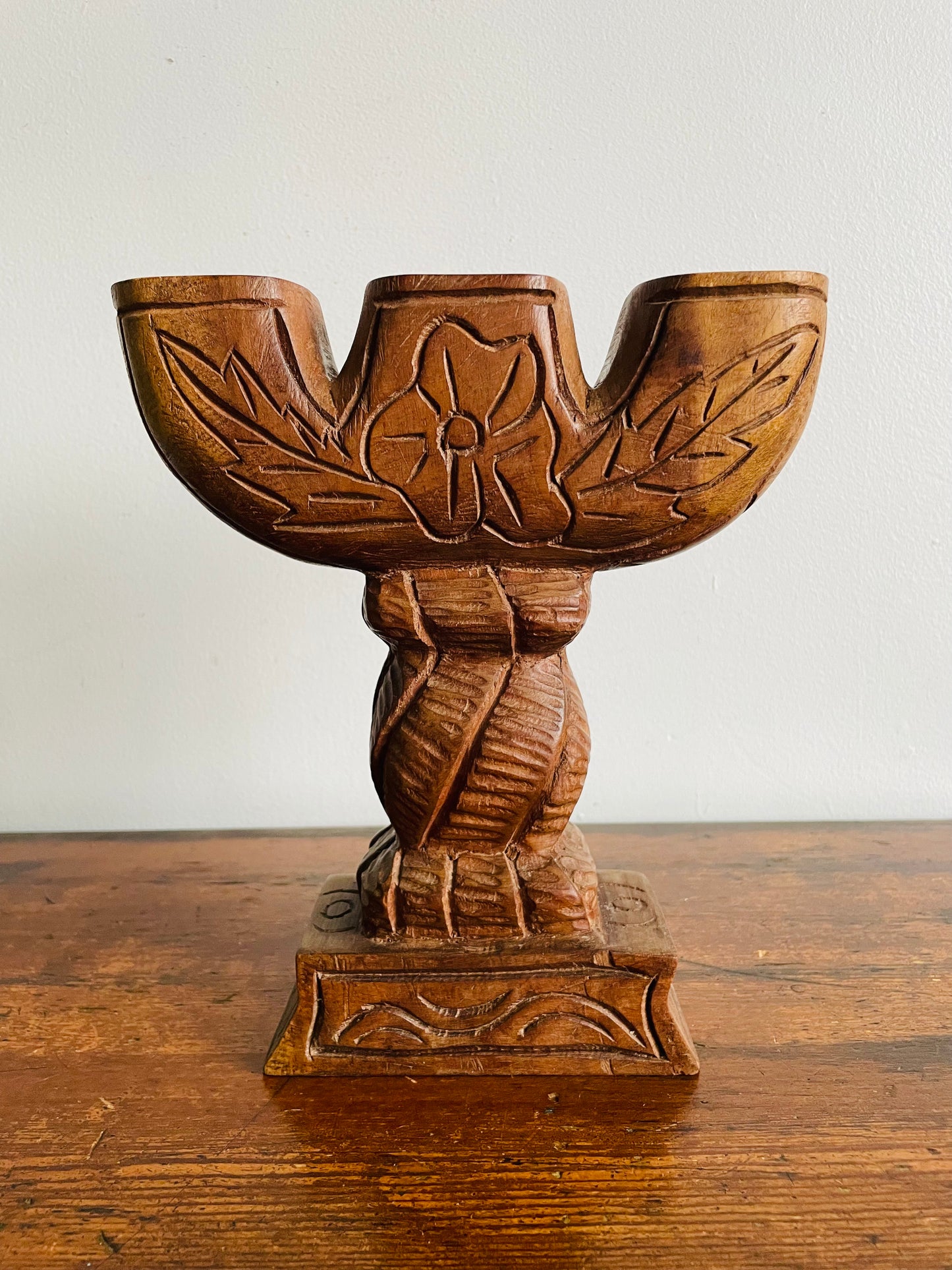 Large & Solid Hand Carved Wood Three Branch Candle Holder - Artist Signed R. Joseph