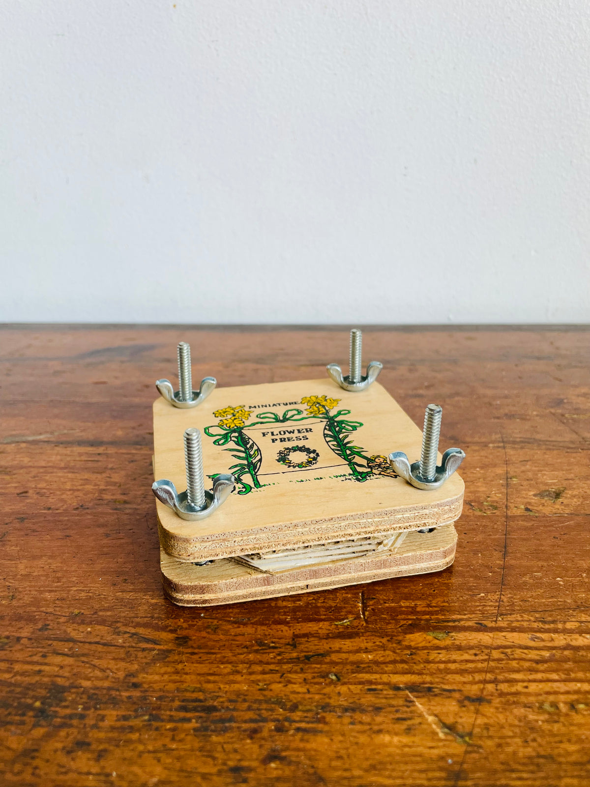 Vintage Miniature Wood Flower Press with Wing Butterfly Screws - Made in Taiwan - 3.5" x 3.5"