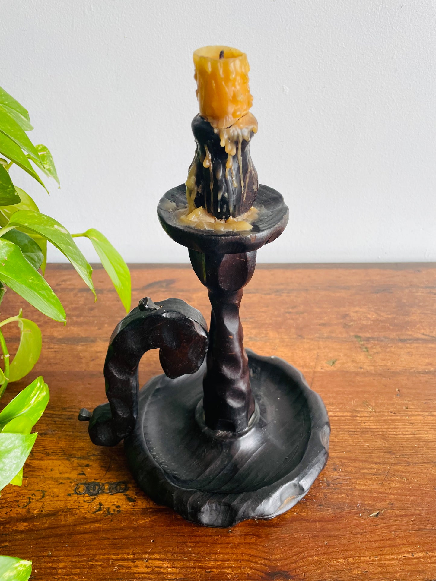Large Wood Brutalist Spanish Revival Gothic Castlecore Style Chamberstick Candle Holder with Dripping Candle