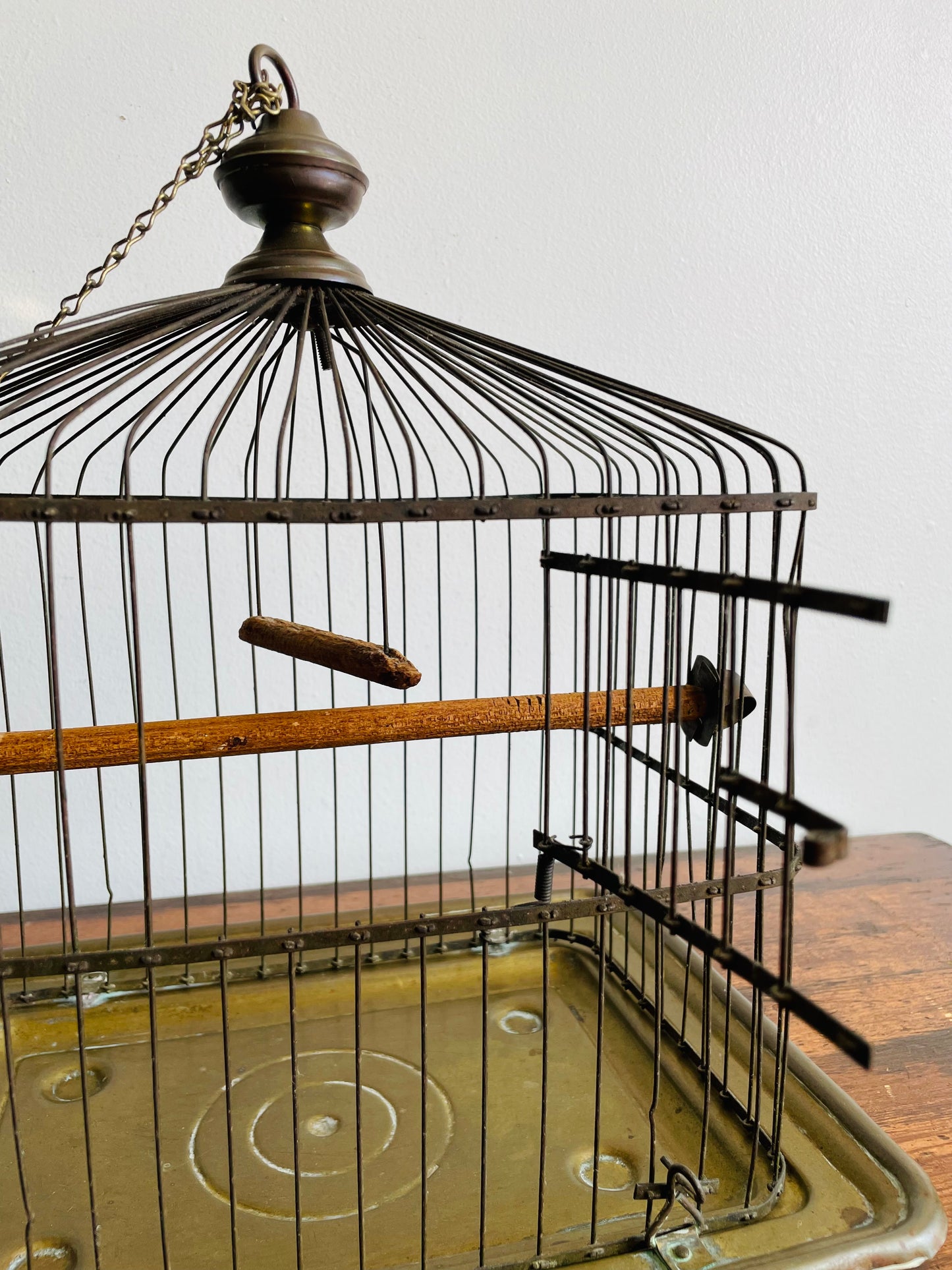 Antique Hendryx Brass & Metal Wire Bird Cage with Wood Perches & Milk Glass Food Dish - Art Deco Decor