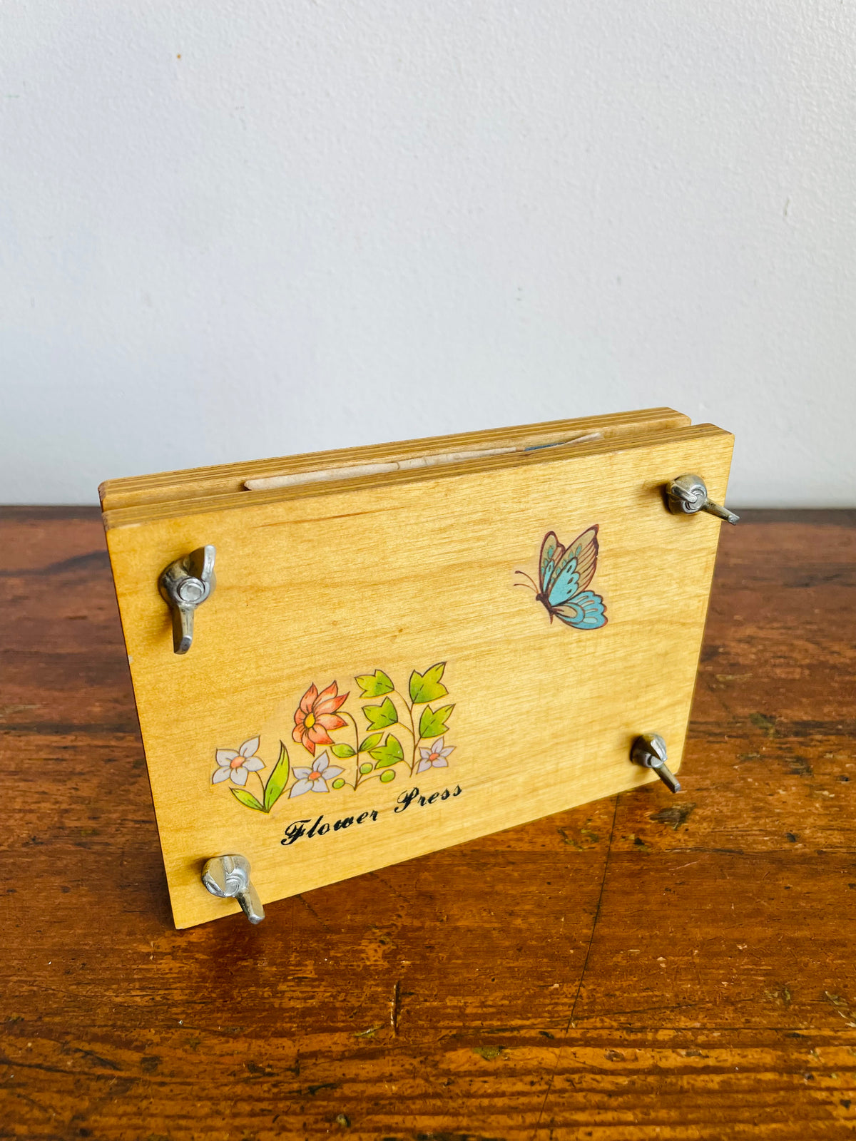 Vintage 1981 Rectangular Wood Flower Press with Floral & Butterfly Design & Wing Butterfly Screws - 5.5" x 4"