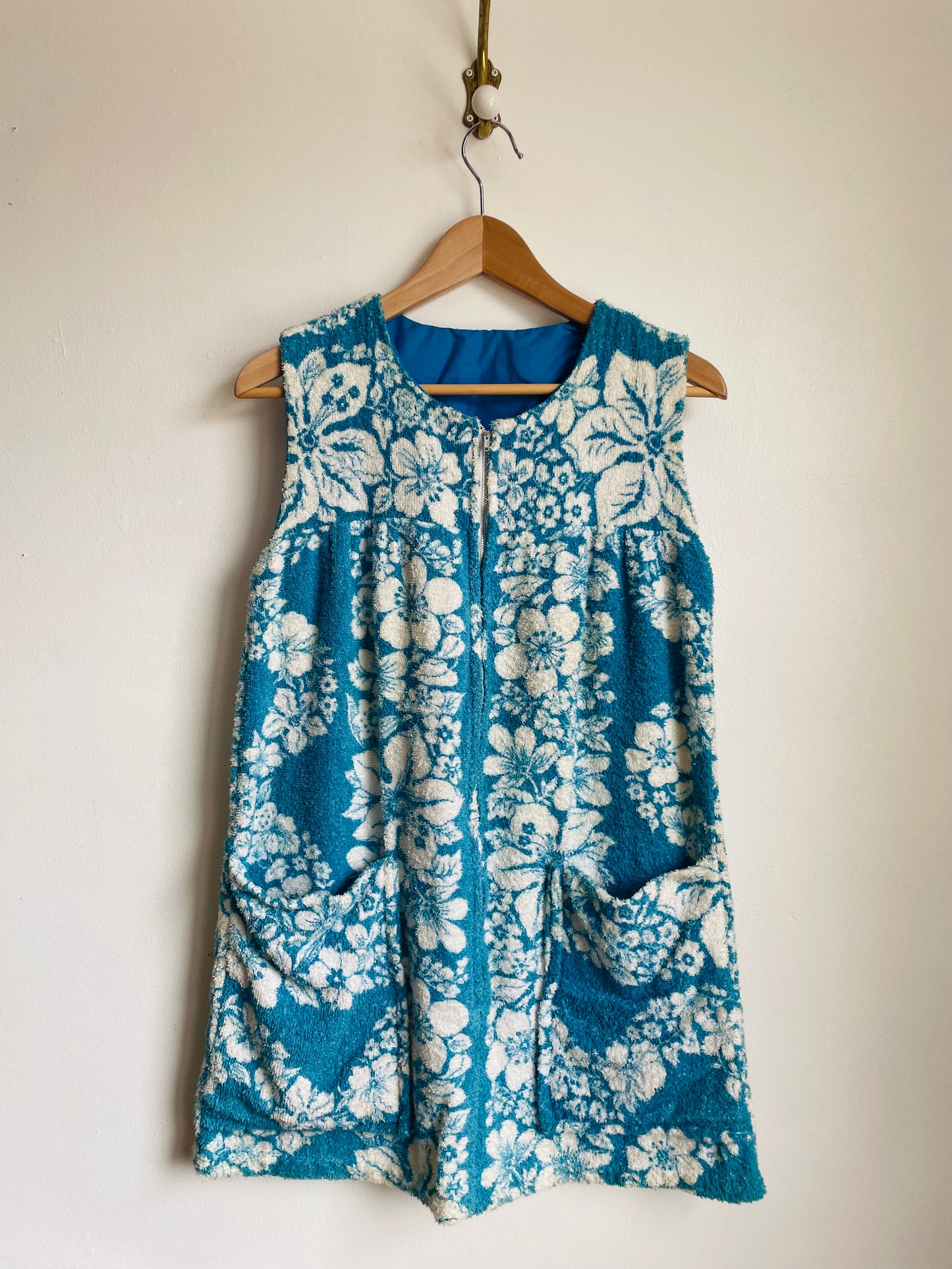 Zippered Terry Cloth Towel Dress or Beach Cover-Up with Pockets & Blue & White Tropical Hibiscus Flower Design