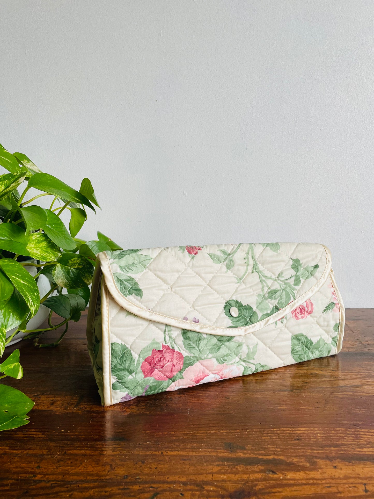 Quilted Floral Fabric Toiletry Case or Travel Bag with Lined Interior - Zips & Snaps Closed