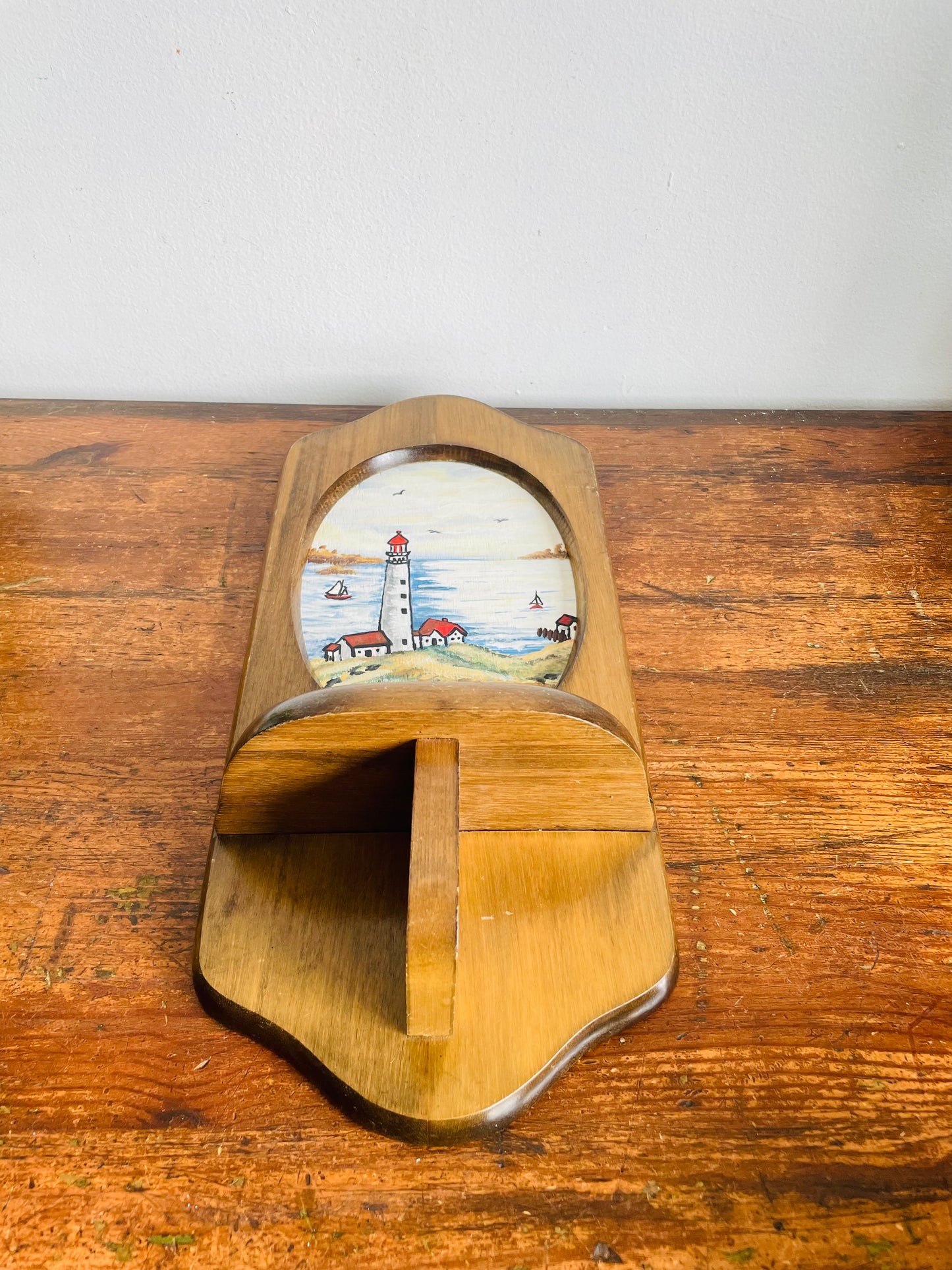 Vintage Original Art Painting of Lighthouse Nautical Scene in Hanging Wood Wall Shelf Ledge - Artist Signed