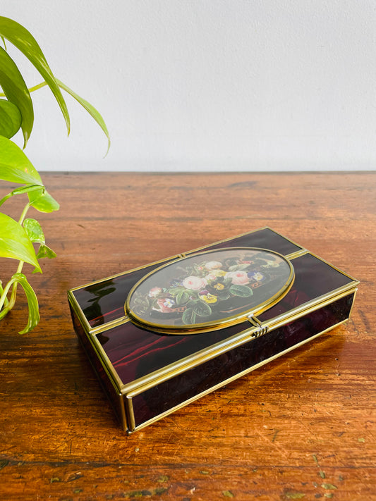 Enesco Corporation Purple Glass & Brass Divided Sectional Jewellery Box with Flower Lid - Made in Mexico