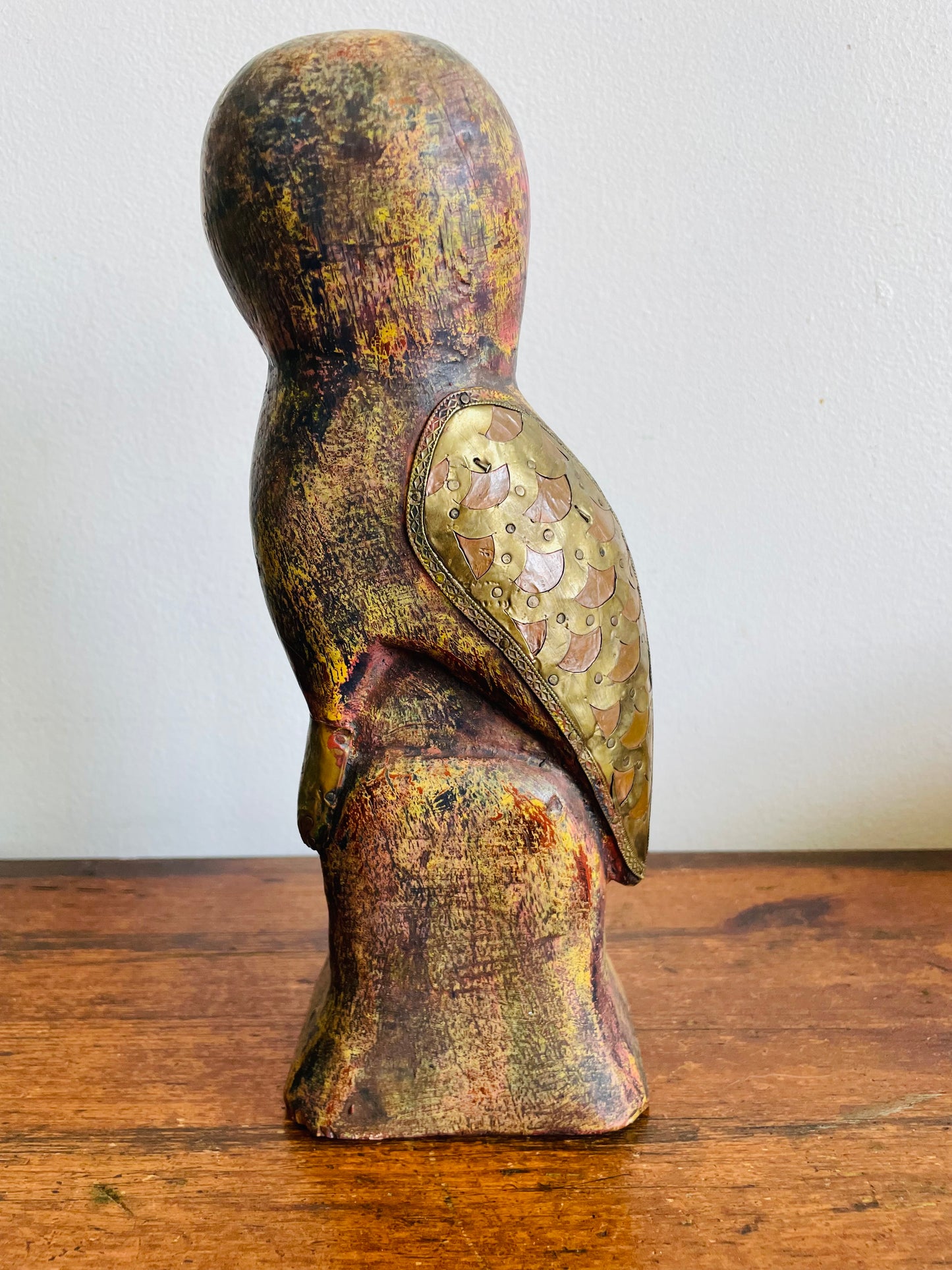 Vintage Solid Wood Carved Owl Sculpture With Hammered Brass & Copper Details