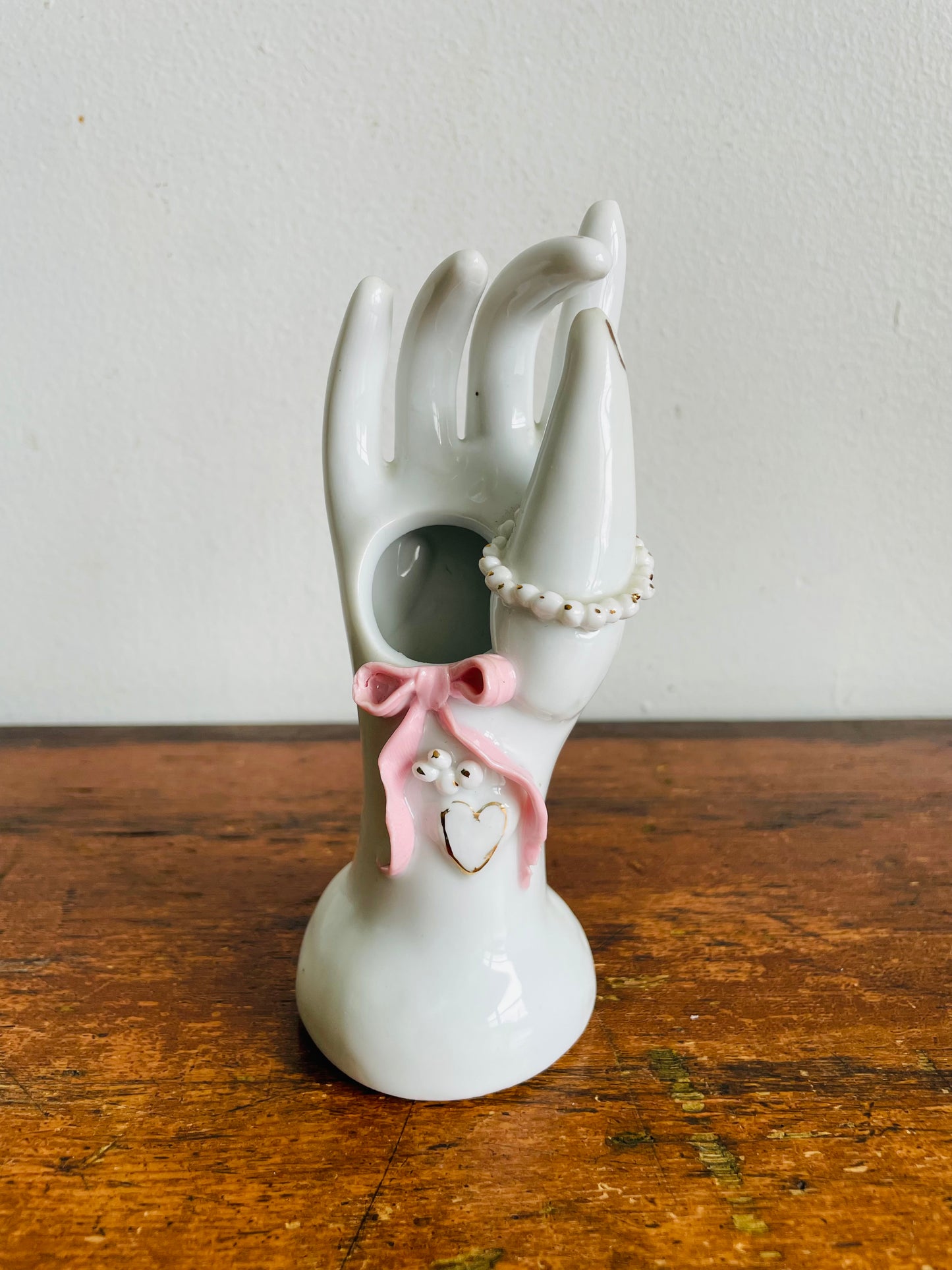 Vintage Porcelain White Hand Bud Vase with Pink Bow & Heart Design