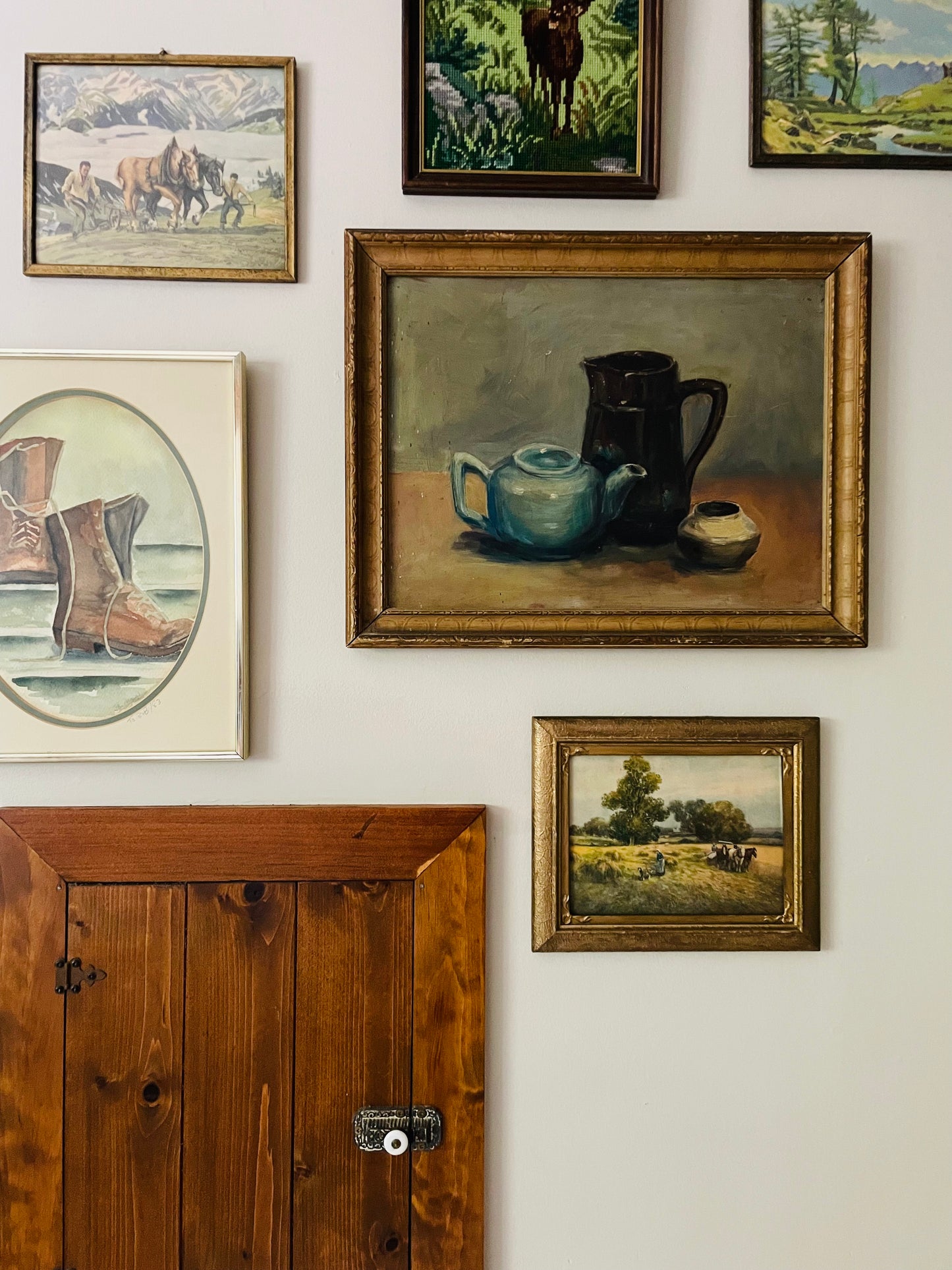 Framed Country Scene Print of People in Wheat Field with Dog & Plough Horses