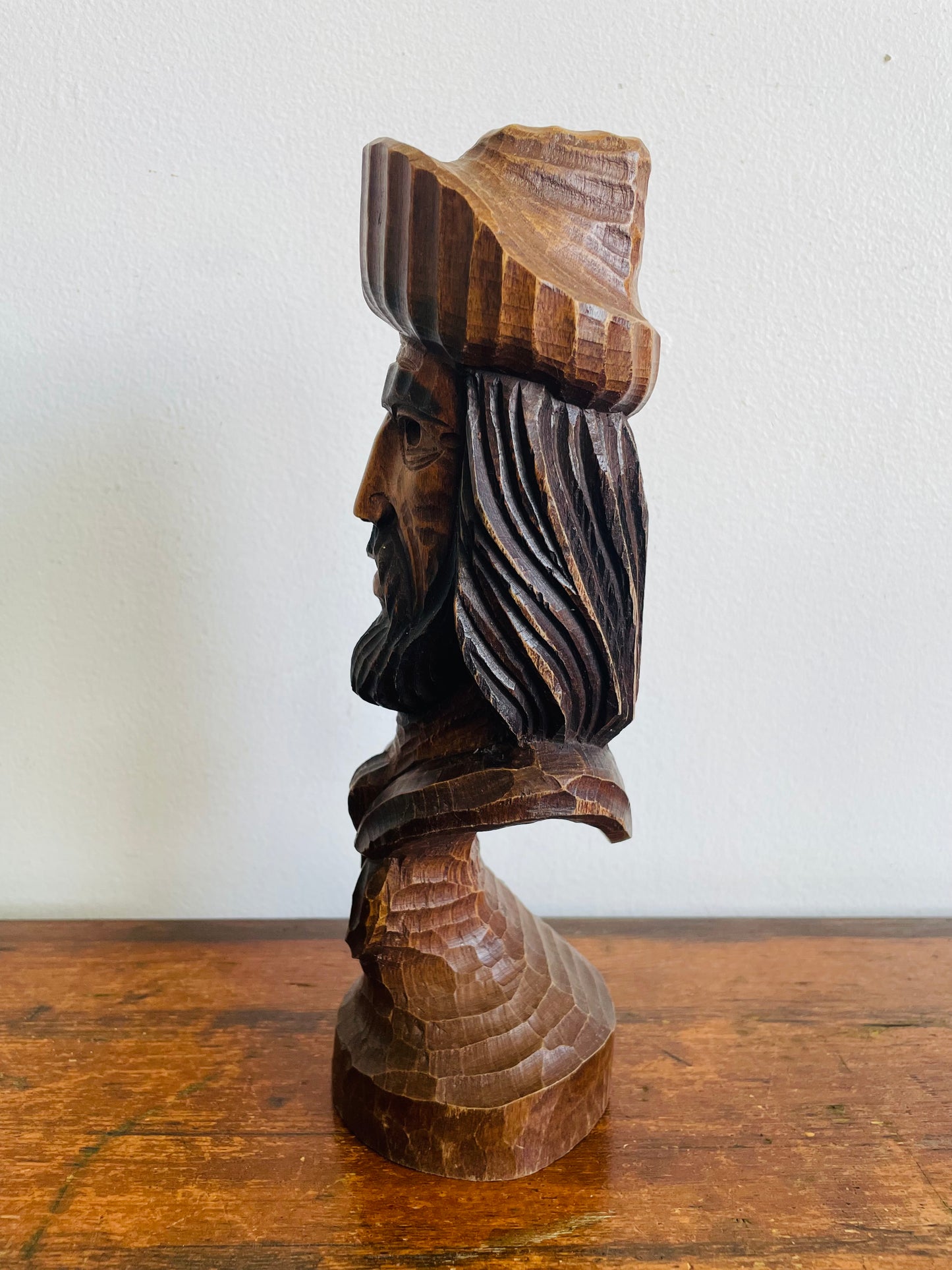 Vintage Hand Carved Wood Folk Art Bust Statue of Man - Artist Signed by J. Castelano