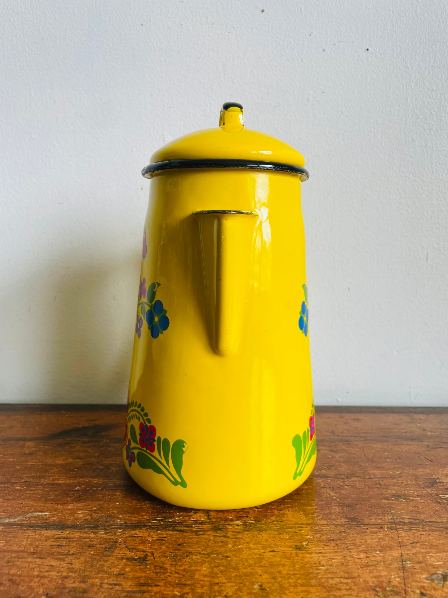 Vintage Bright Yellow Cinsa Enamel Coffee Pot Carafe Pitcher with Colourful Folk Art Bird & Flower Design - Made in Saltillo Mexico