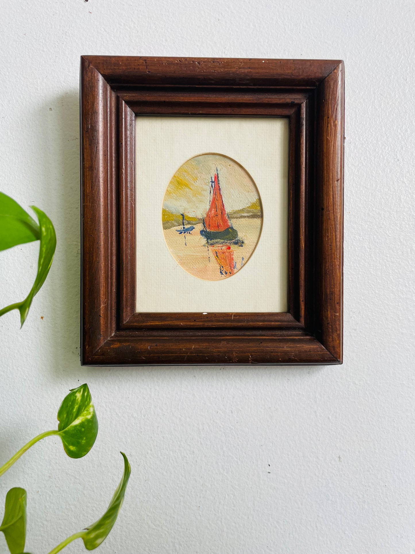 Vintage Original Art Oval Painting Picture of Sailboats on Lake - Painting Found in Venice, Italy