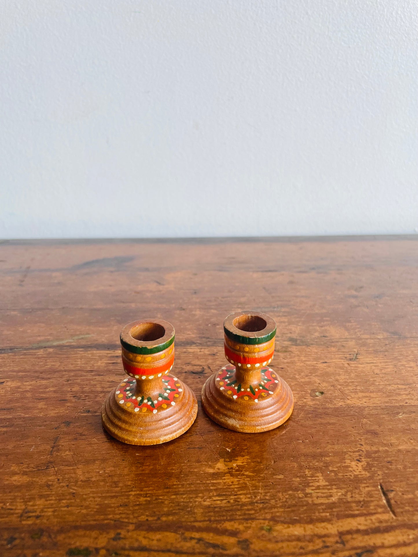 Miniature Hand Painted Wood Candlestick Holders with Folk Art Design - Set of 2