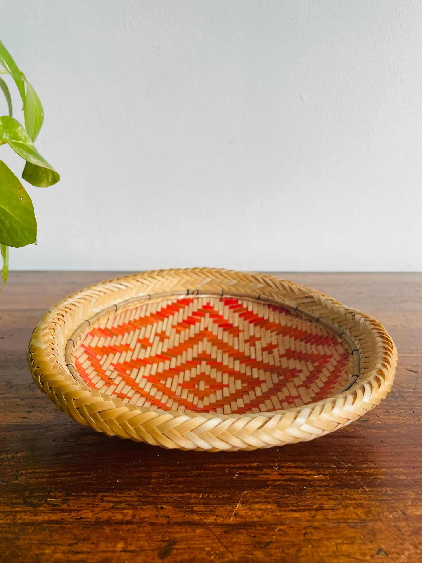 Woven Basket Bowl or Wall Hanging with Orange Design