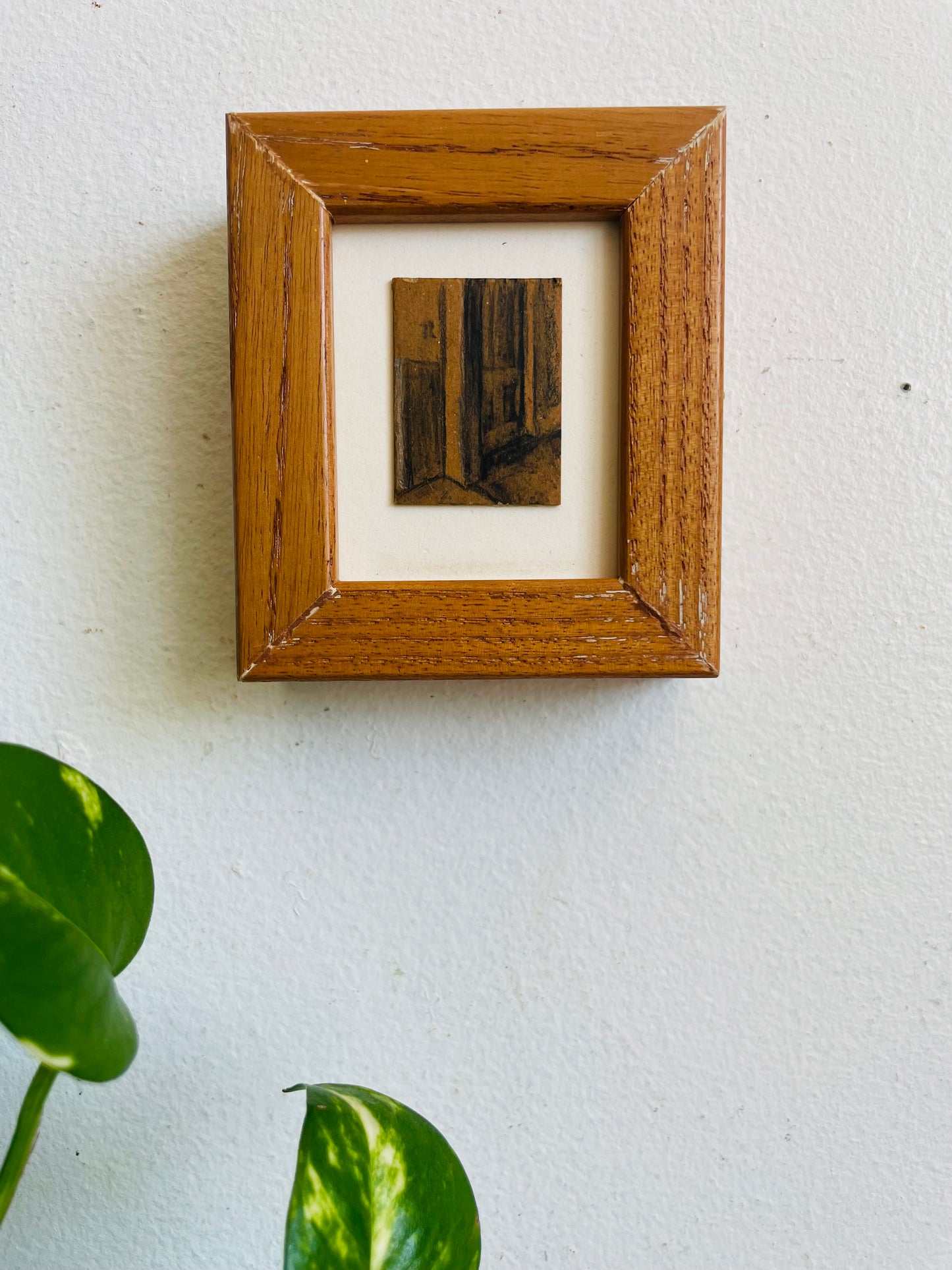 Vintage 1995 Miniature Original Art Painting in Chunky Tan Wood Frame - Artist Signed