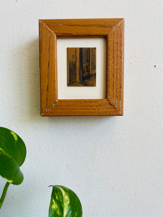 Vintage 1995 Miniature Original Art Painting in Chunky Tan Wood Frame - Artist Signed