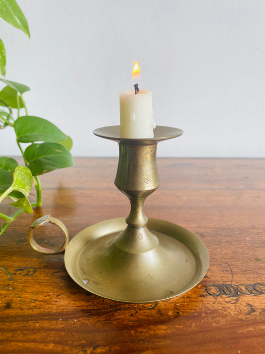 Vintage Brass Chamberstick Candle Holder with Muted Patina