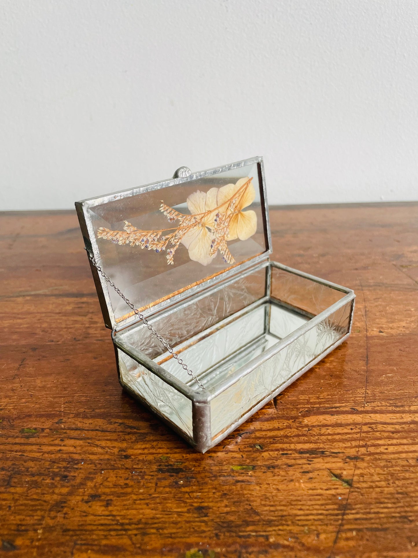 Metal & Glass Mirrored Trinket Jewellery Box with Dried Pressed Flower Lid