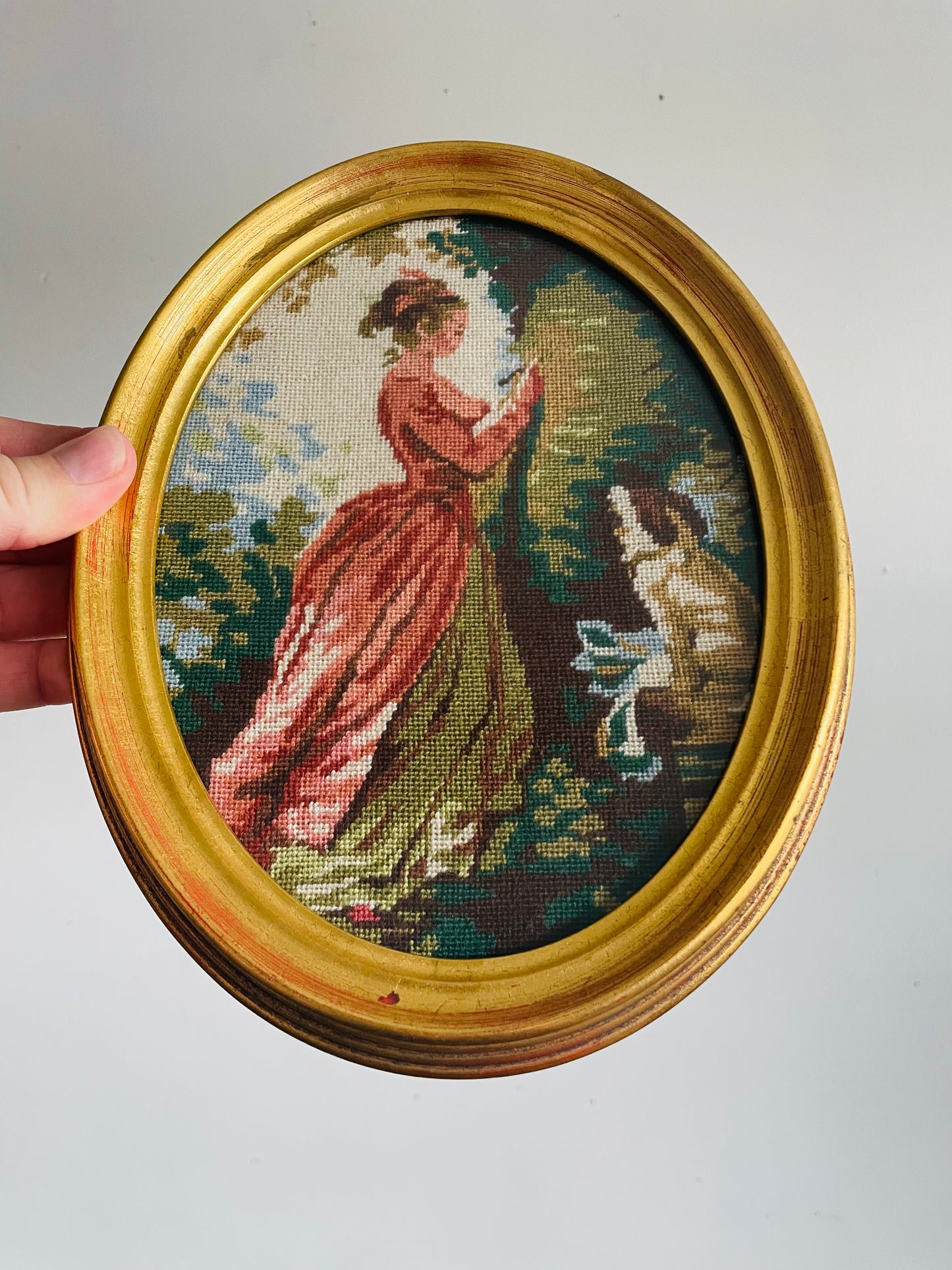 Vintage Needlepoint Embroidery Picture in Gold Oval Frame - Girl in Pink Dress Reading to Her Dog
