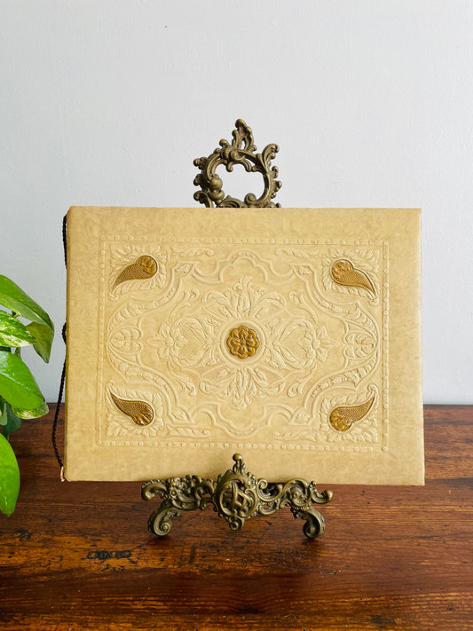 Antique Photo Album or Scrapbook - Cream with Gold Flowers & Filigree - Black Pages - Empty