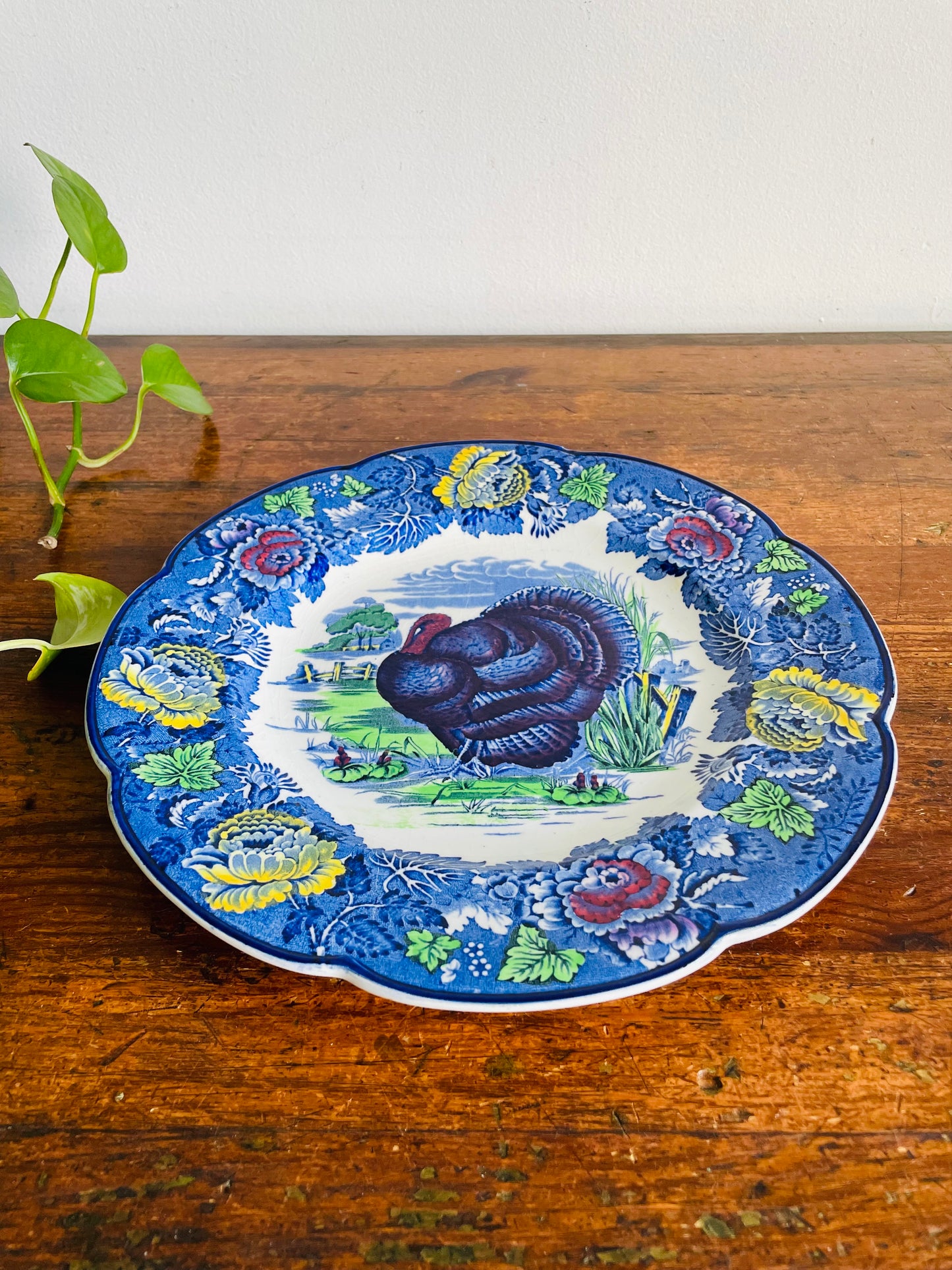 Vintage Wood's Burslem England Cobalt Blue Transferware 10.75" Turkey Plate