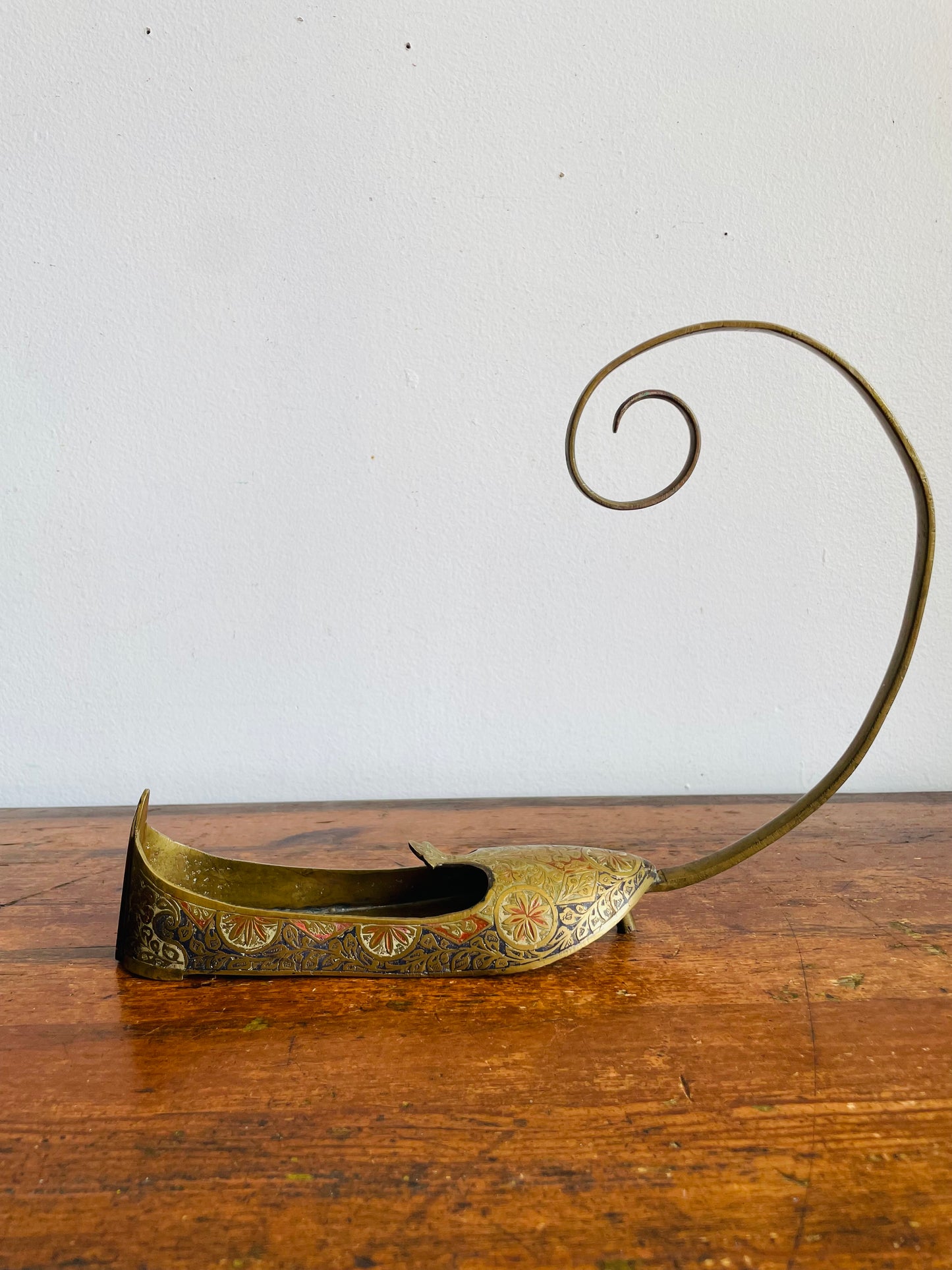 Vintage Brass Indian Slipper Shoe Trinket Dish with Etched Enamel Design & Ornate Details